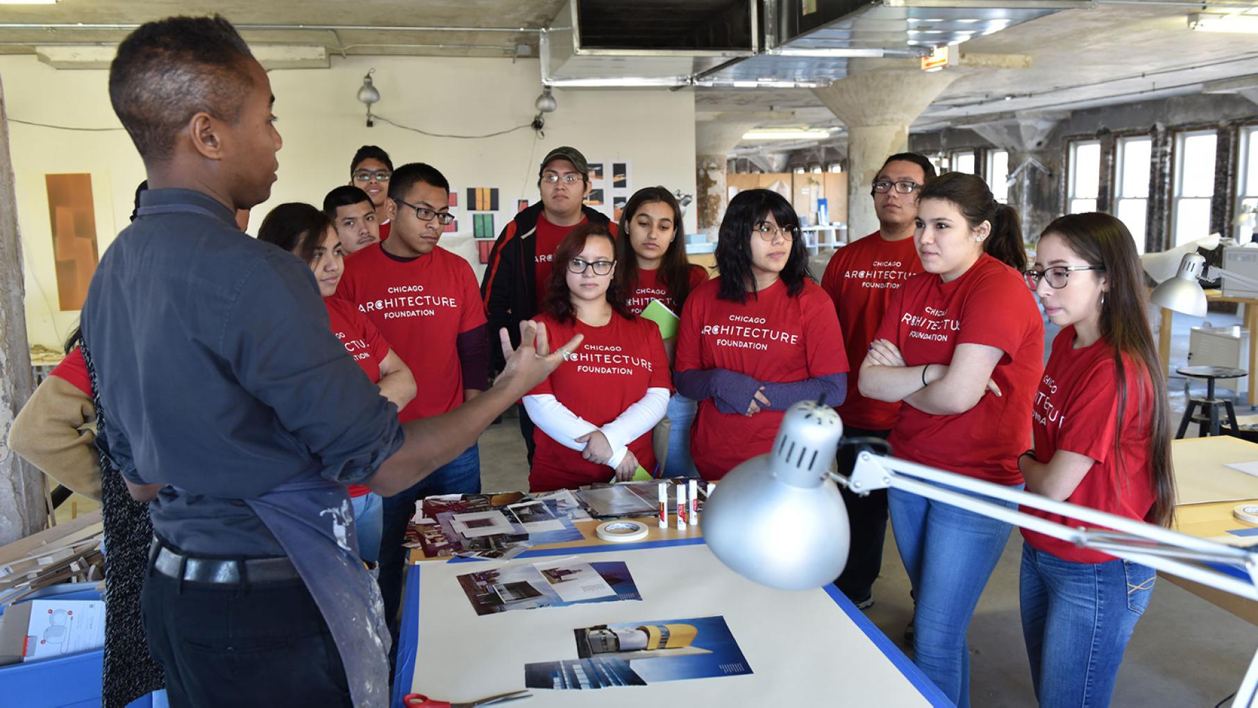 Chicago Architecture Center Teen Fellows at Marshall Brown's studio in 2017. Photo: Chicago Architecture Center