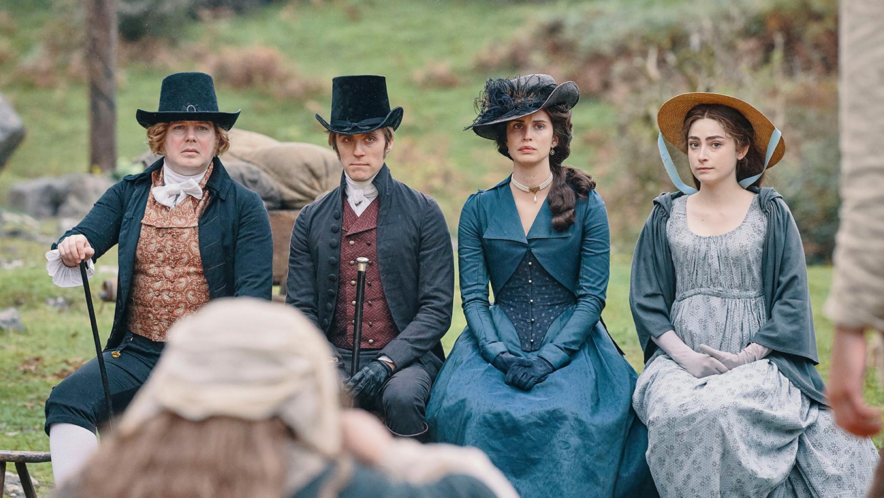 Two fraught relationships, in case you couldn't tell by their faces. Photo: Mammoth Screen for BBC and MASTERPIECE Christian Brassington as Ossie, Jack Farthing as George, Heida Reed as Elizabeth, and Ellise Chappell as Morwenna in Poldark. Photo: Mammoth Screen for BBC and MASTERPIECE