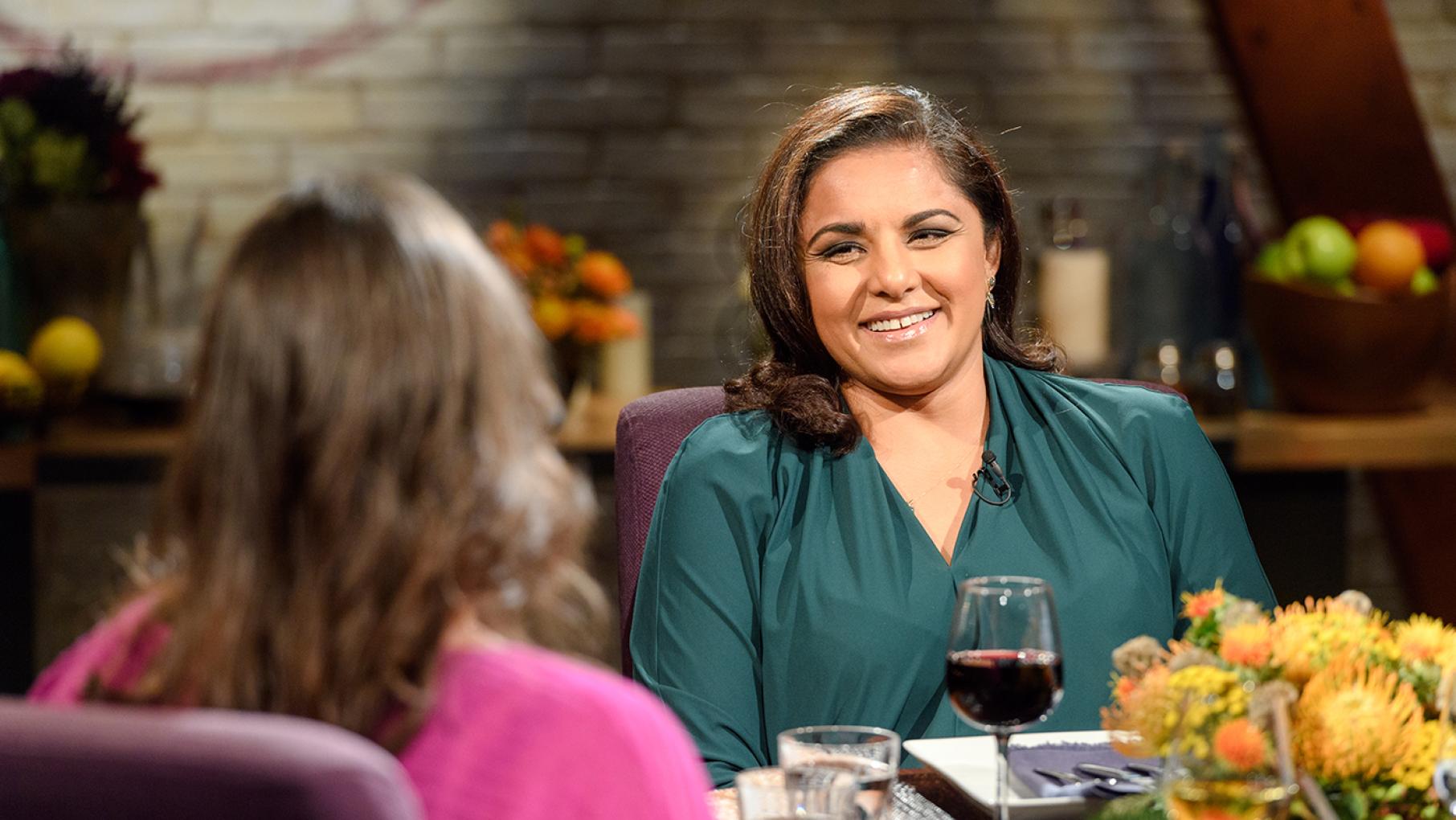 "I know a lot more sitting here at 41 than when I started at 26," says Alpana Singh. Photo: WTTW/Ken Carl Alpana Singh on the set of Check, Please! Photo: WTTW/Ken Carl
