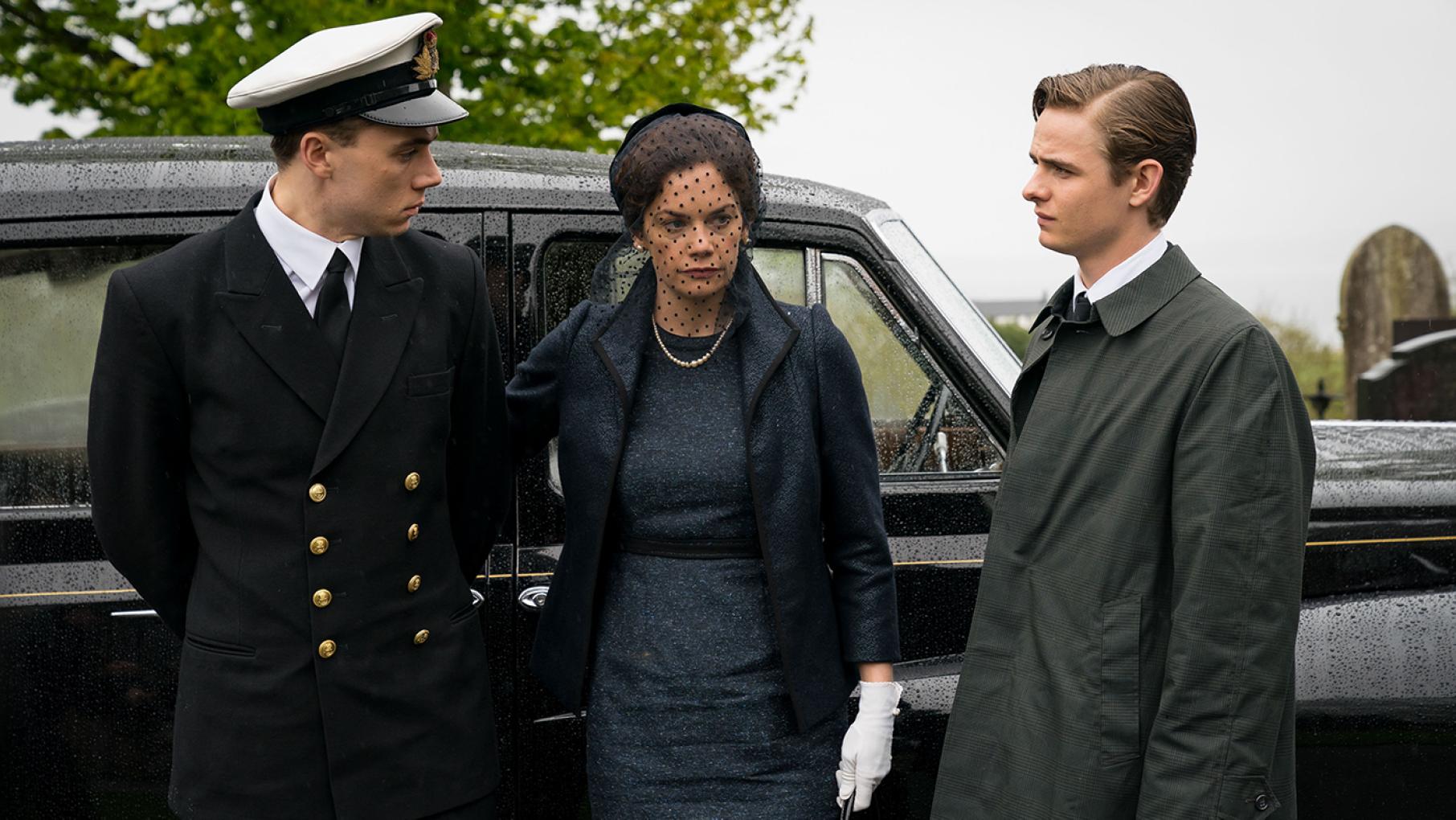 The death of Alison Wilson's husband Alec brings up surprising facts about his life and jeopardizes her relationship with her sons. Photo: WP Films Ltd., Steffan Hill Gordon, Alison, and Nigel Wilson at Alec Wilson's burial. Photo: WP Films Ltd., Steffan Hill