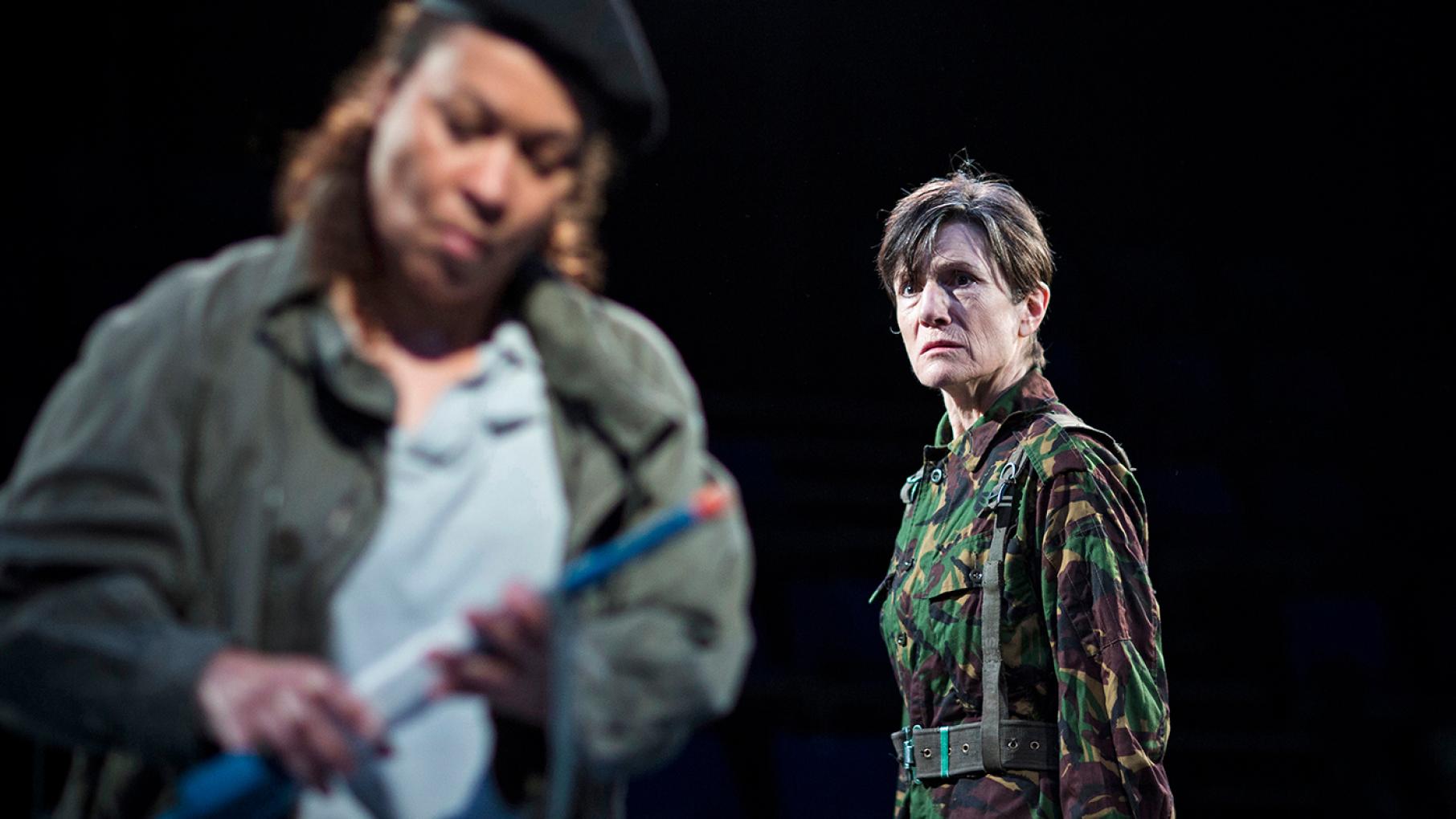 Martina Laird (Cassius) and Harriet Walter (Brutus) in Julius Caesar. Photo: Helen Maybanks