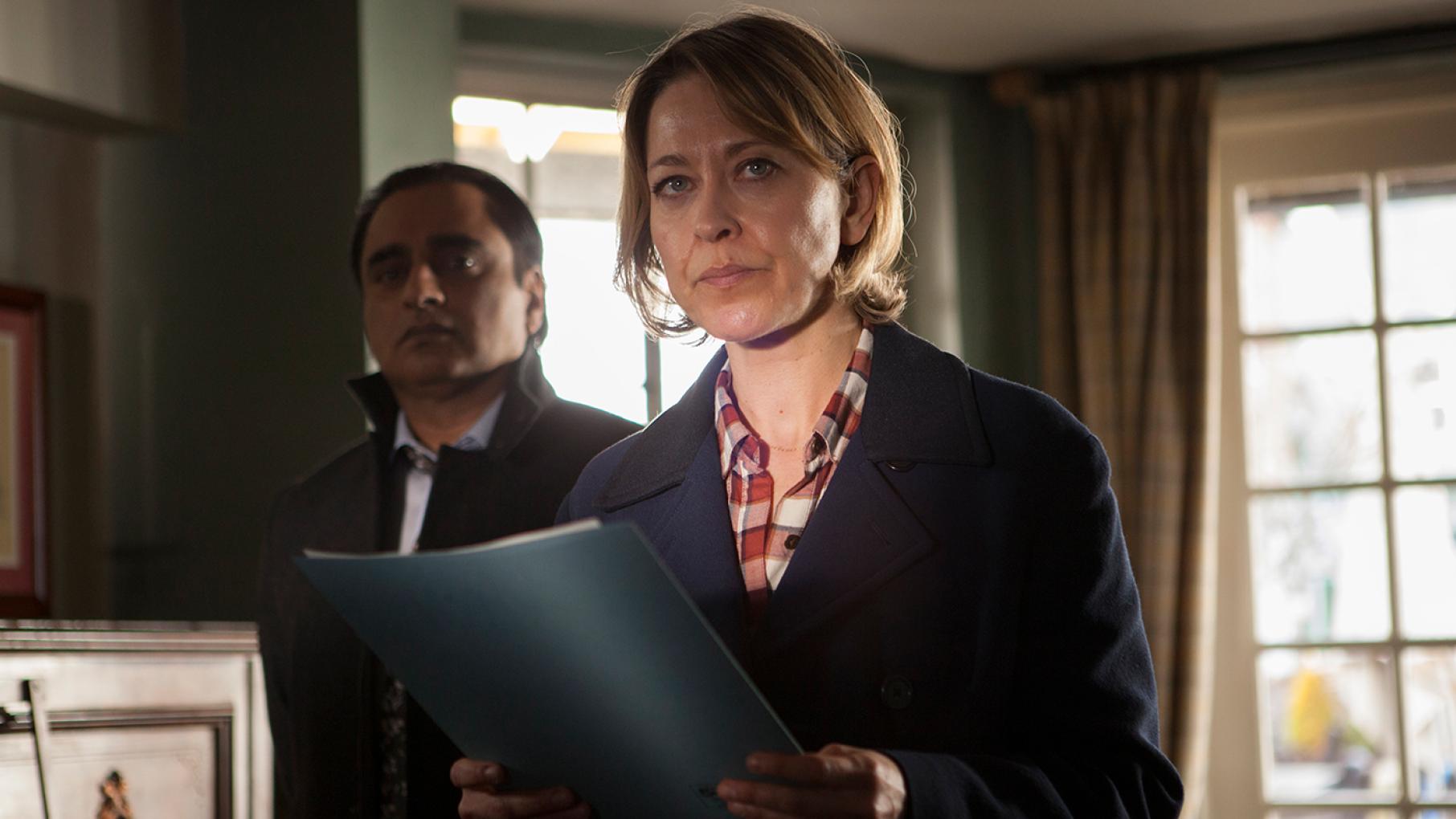 Cassie and Sunny travel to Middenham to speak with Hayley's family. Photo: Mainstreet Pictures for ITV and MASTERPIECE Sunny (Sanjeev Bhaskar) and Cassie (Nicola Walker) in Unforgotten. Photo: Mainstreet Pictures for ITV and MASTERPIECE