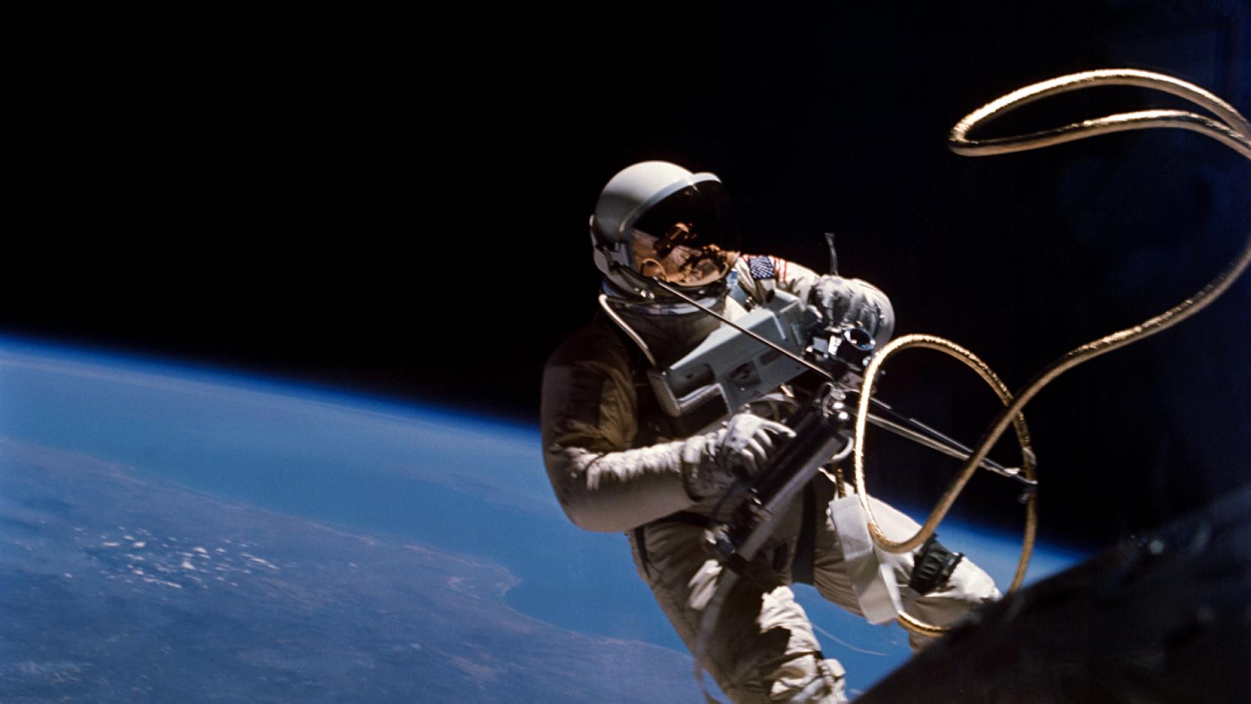 Ed White, the first American to walk in space, on Gemini 4 mission. Photo: Courtesy of the National Aeronautics and Space Administration, June 1965