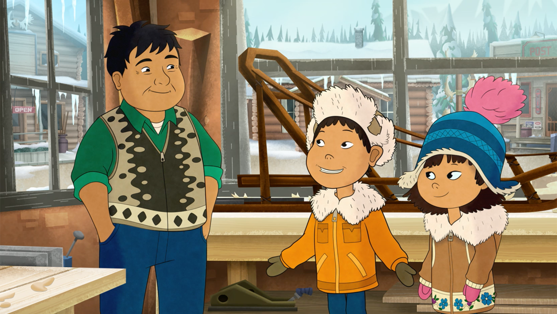 Mr. Patuk, Tooey and Molly at Mr. Patuk's workshop. Image: © 2018 WGBH Educational Foundation