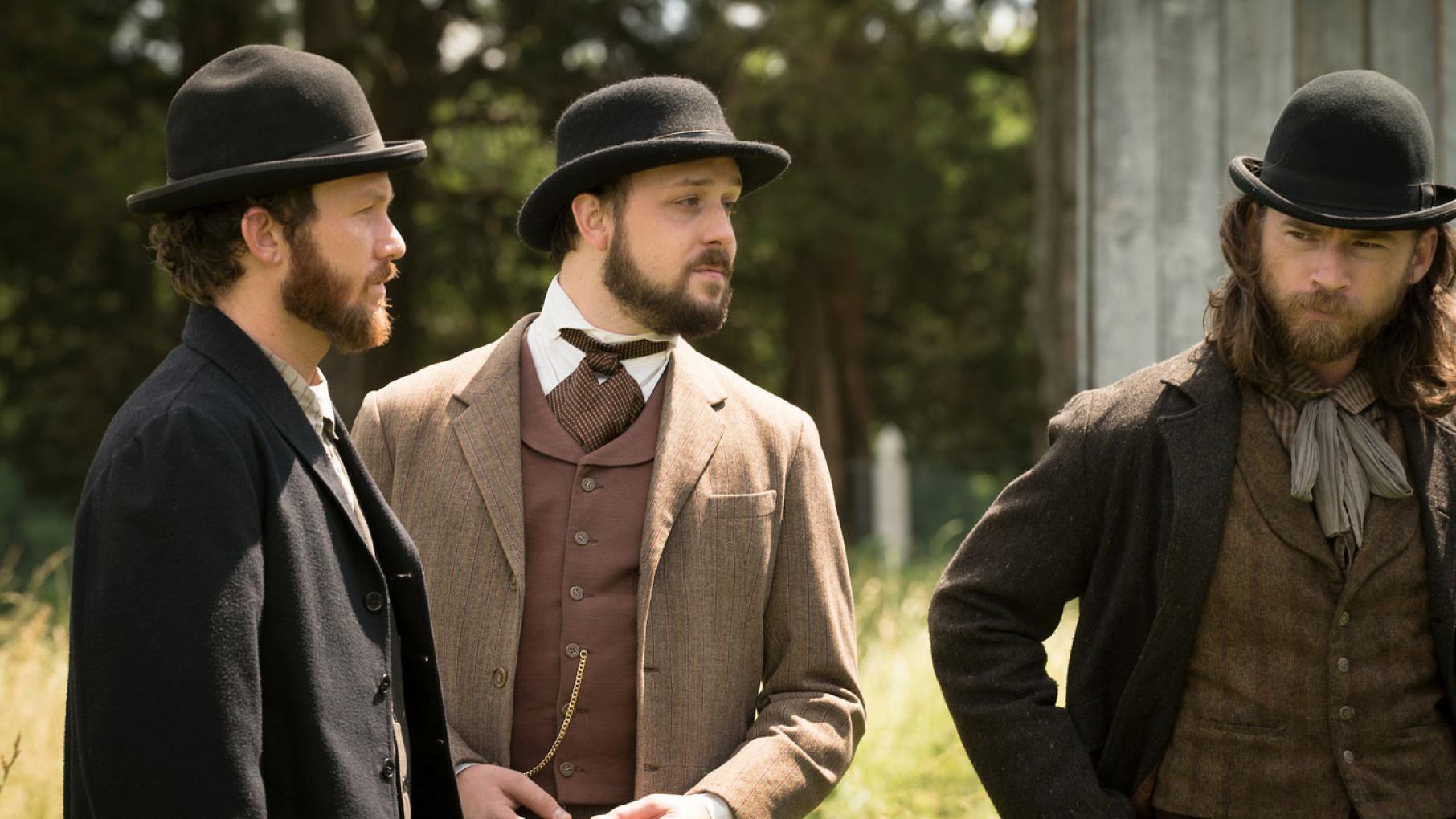 Jimmy Green plotting with the two Confederate henchmen. (Courtesy of PBS/Erik Heinila)