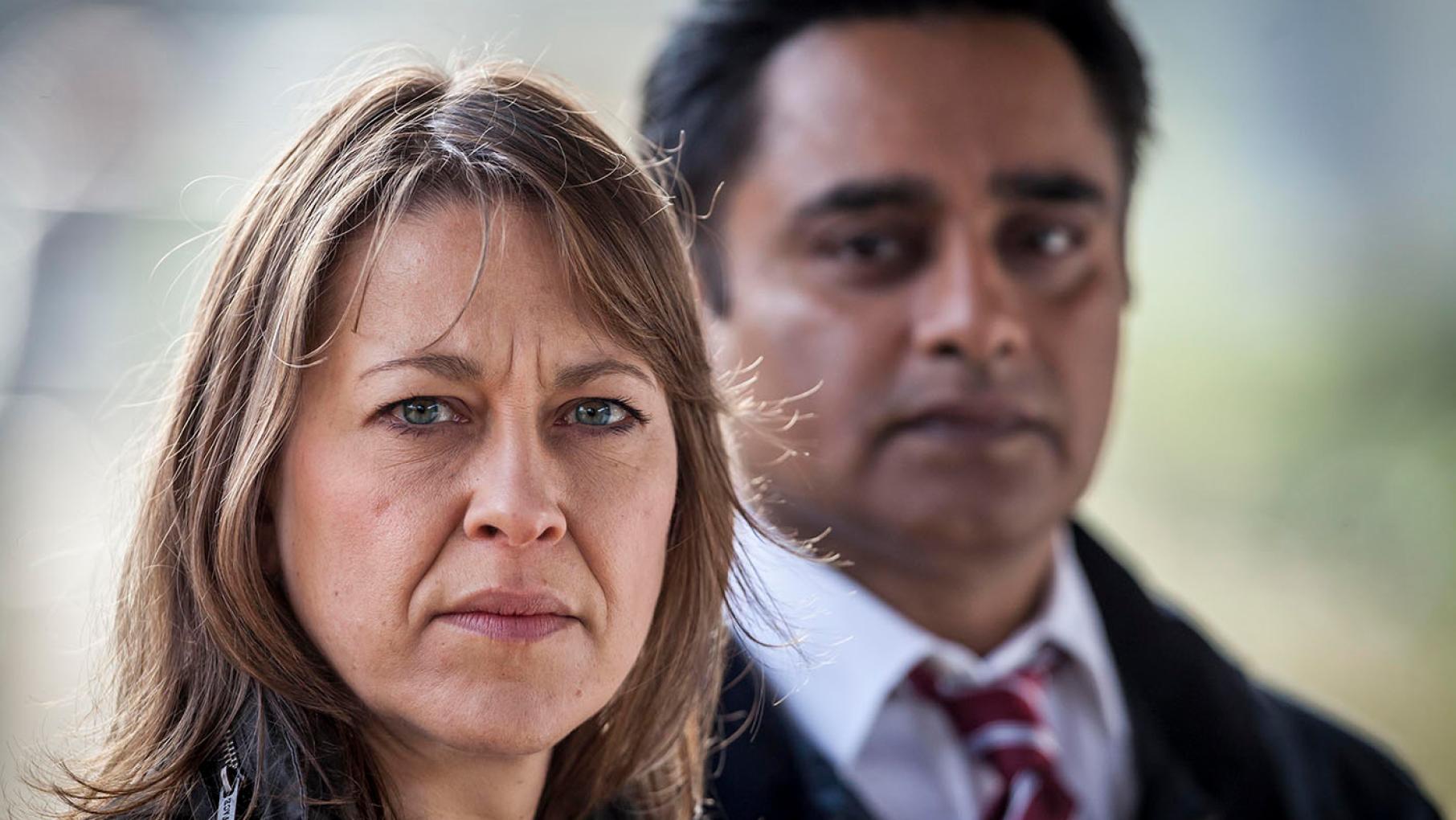 Cassie Stuart (Nicola Walker) and Sunny Khan (Sanjeev Bhaskar) in Unforgotten. Photo: John Rogers/Mainstreet Pictures