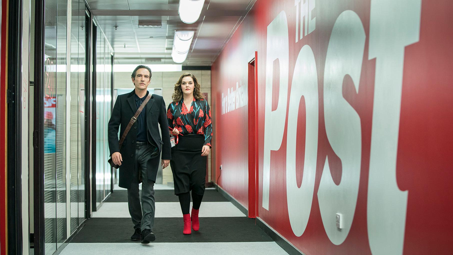 Duncan Allen is the unscrupulous editor of a sensationalist newspaper willing to stoop to any tactics to get readers. Photo: Lookout Point /Colin Hutton Duncan Allen (BEN CHAPLIN) and Lucy Redford (LAURA JANE MATTHEWSON) in Press. Photo: Lookout Point /Colin Hutton