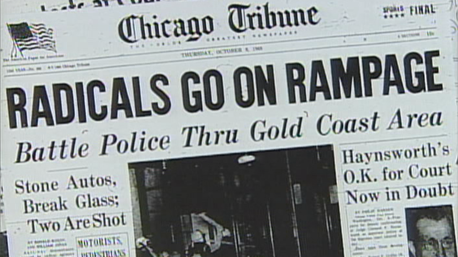 The Chicago Tribune from October 8, 1969, with a headline about the Days of Rage. Image: From WTTW's Chicago Stories The Chicago Tribune from October 8, 1969, with a headline about the Days of Rage. Image: From WTTW's Chicago Stories
