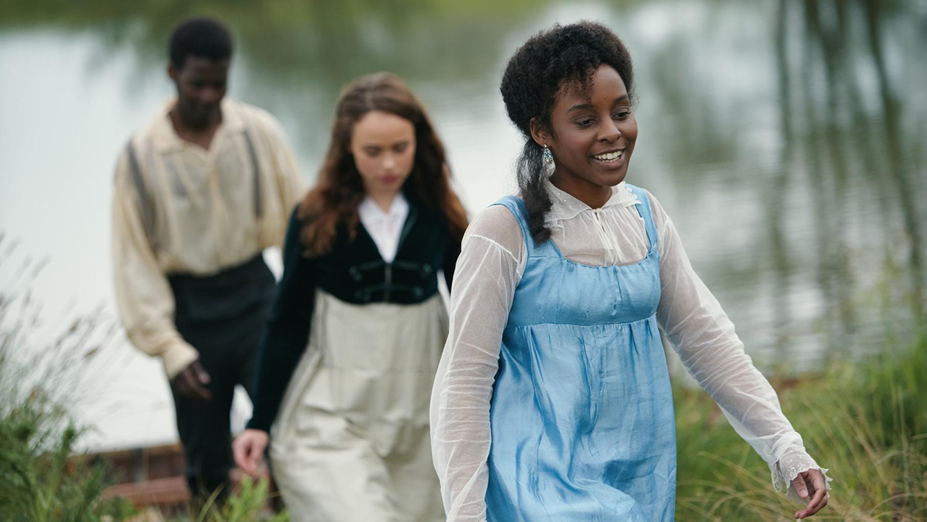 Charlotte finds herself abetting a forbidden romance. Photo: Red Planet Pictures/ITV 2019 Otis Molyneux, Charlotte Heywood, and Georgiana Lambe in Sanditon. Photo: Red Planet Pictures/ITV 2019
