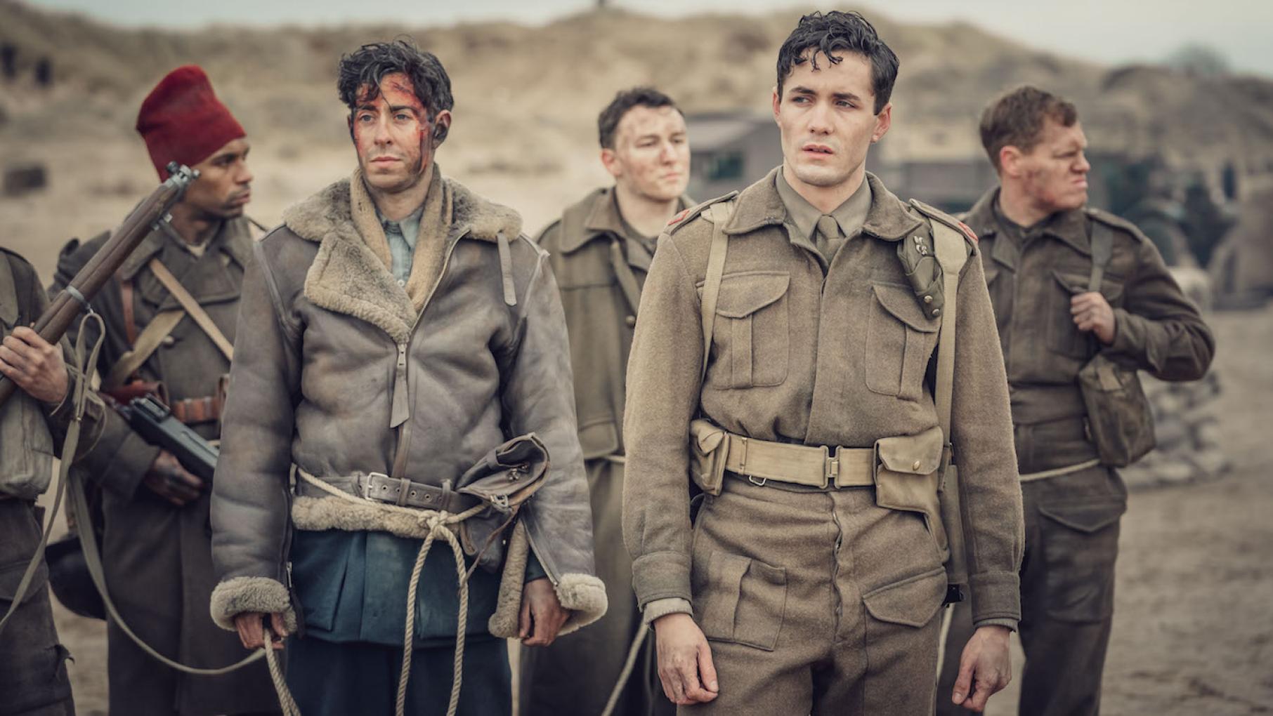 Harry leads a group of shell-shocked troops to the beaches of Dunkirk with the help of two Senegalese soldiers. Photo: Ben Blackall / Mammoth Screen 2019 Harry at Dunkirk in 'World on Fire.' Photo: Ben Blackall / Mammoth Screen 2019