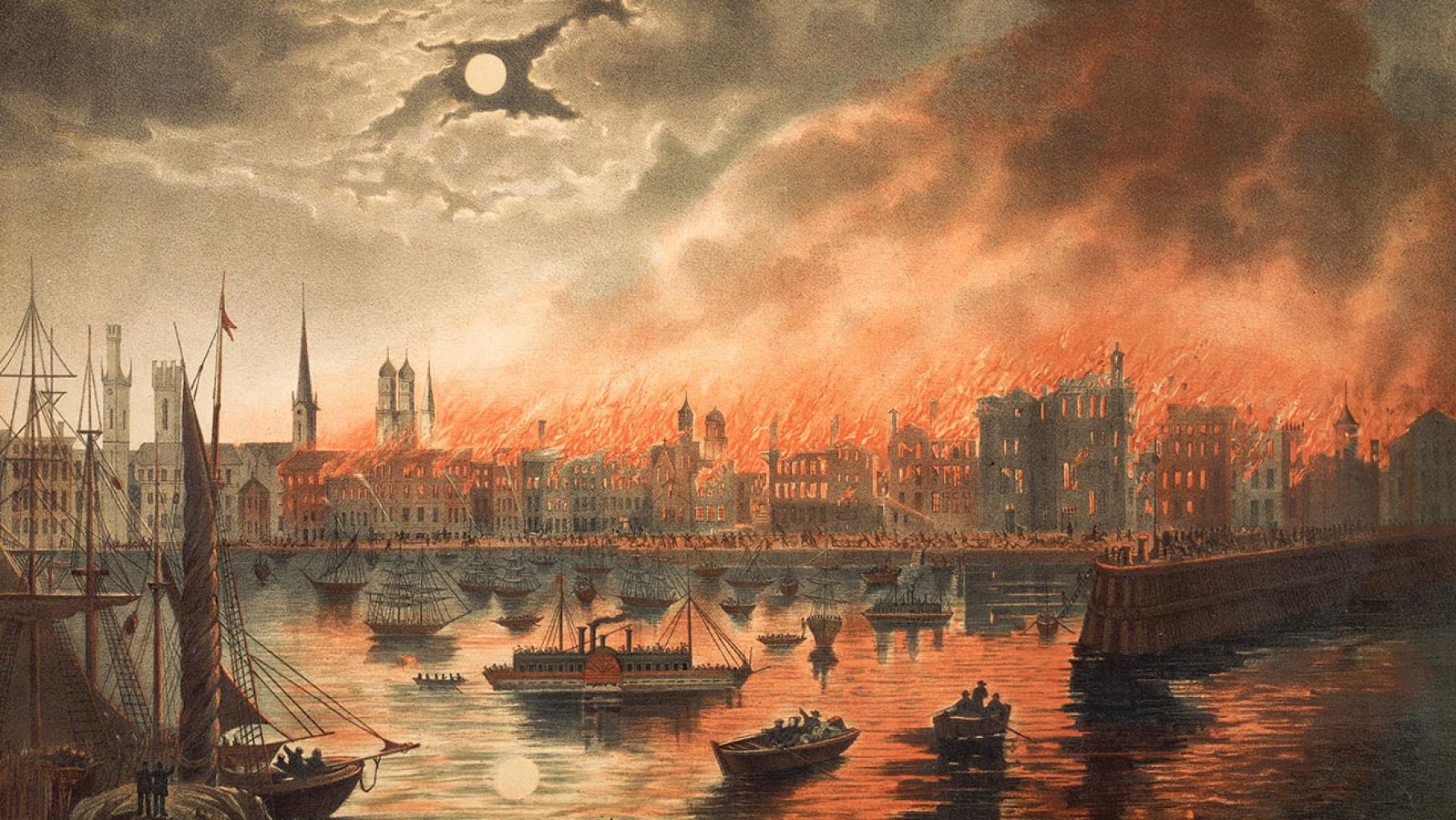 The Chicago Fire of 1871 destroyed much of the city over the course of three days. Image: Courtesy of the Chicago History Museum The Great Chicago Fire, Image courtesy of the Chicago History Museum