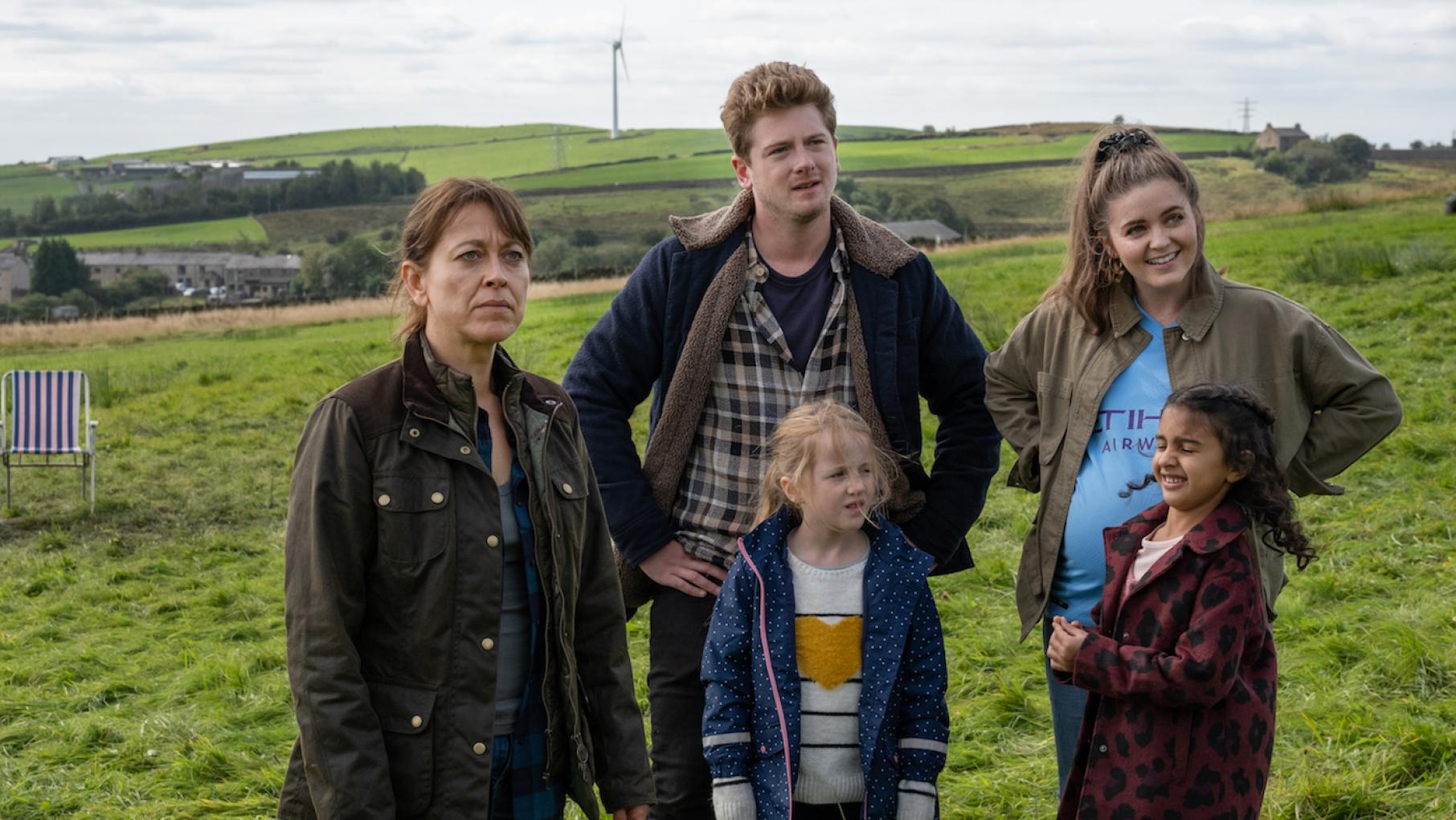 Something perplexing shows up on Gillian's farm, provoking a wide range of reactions. Photo: Matt Squire Gillian, Raff, Calamity, Ellie, and Flora in 'Last Tango in Halifax.' Photo: Matt Squire