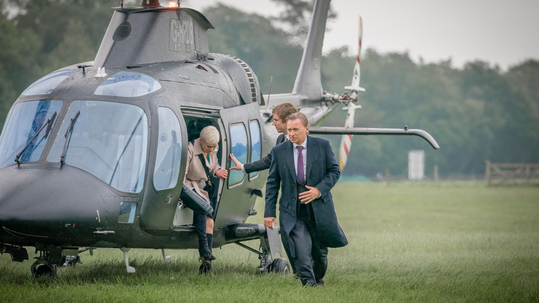 Robert hopes to end the blockade of London by meeting with the truckers' union and a vigilante group. Photo: Sky UK Limited Anna Marshall and Robert Sutherland in 'COBRA.' Photo: Sky UK Limited