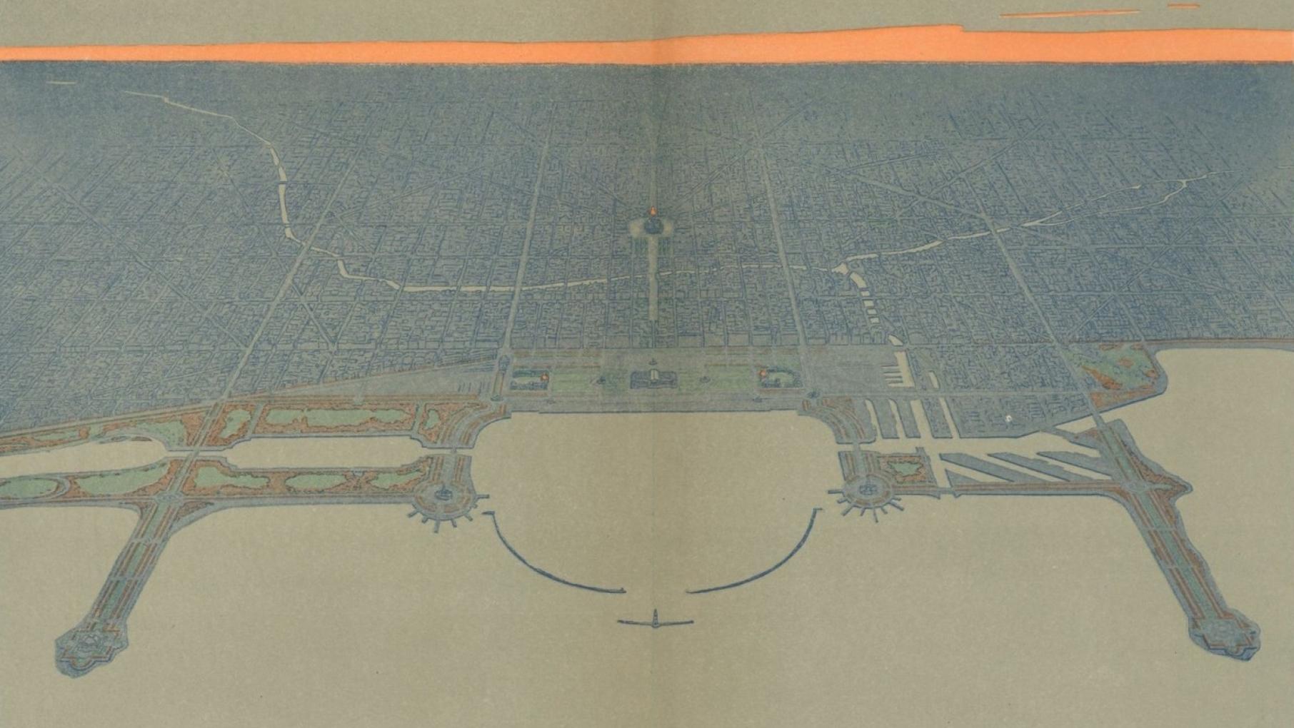 The 1909 'Plan of Chicago' called for the lakefront to be public parkland, among other influential recommendations. Image: Typ 970U Ref 09.296, Houghton Library, Harvard University/Wikimedia Commons An illustration from the 1909 'Plan of Chicago' of the city from above, looking west. Image: Typ 970U Ref 09.296, Houghton Library, Harvard University/Wikimedia Commons