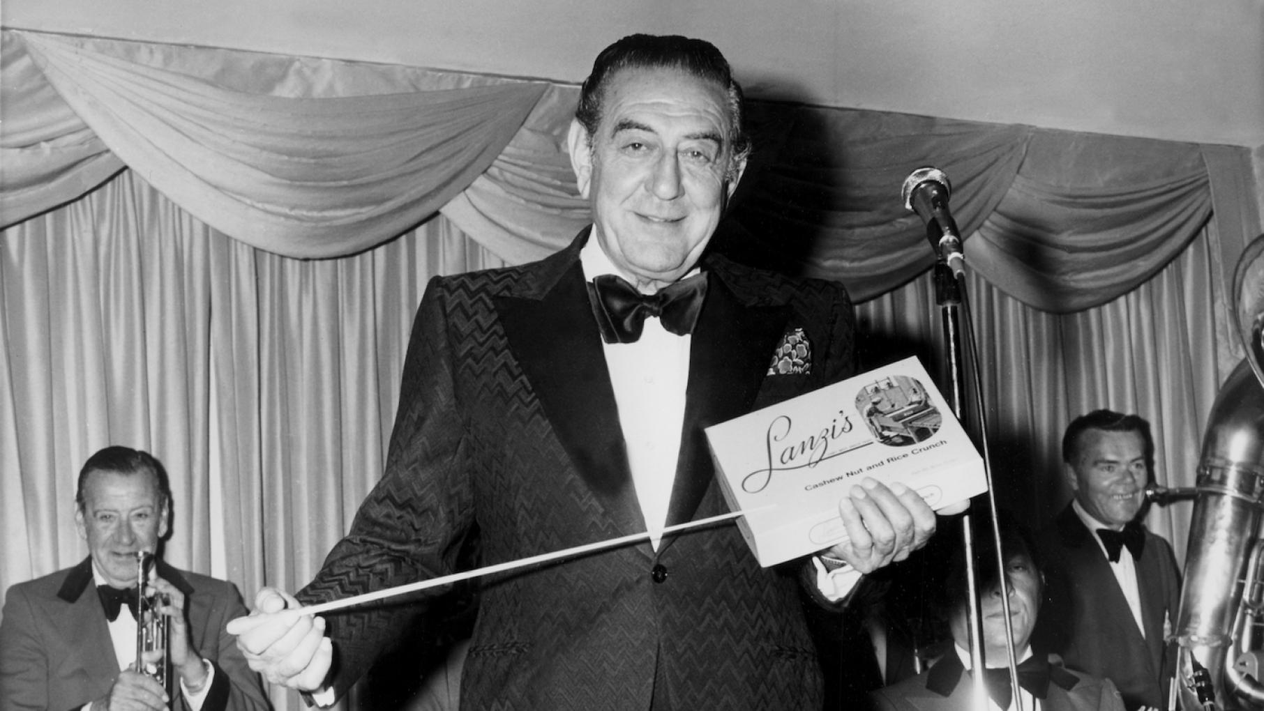 Bandleader Guy Lombardo promoted Lanzi Candy's Cashew Nut and Rice Crunch. Photo: Courtesy Michael Lahey Guy Lombardo promoting Lanzi Candy's Cashew Nut and Rice Crunch. Photo: Courtesy Michael Lahey