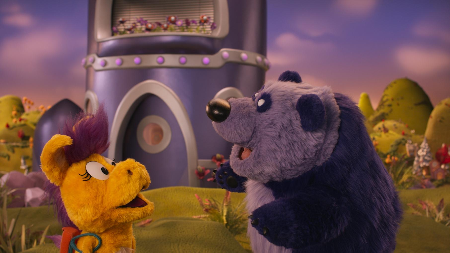 The determined Donkey Hodie goes on adventures with friends like Purple Panda in the new children's show named after her. Image: Courtesy Fred Rogers Productions Donkey Hodie and Purple Panda in front of Panda's spaceship