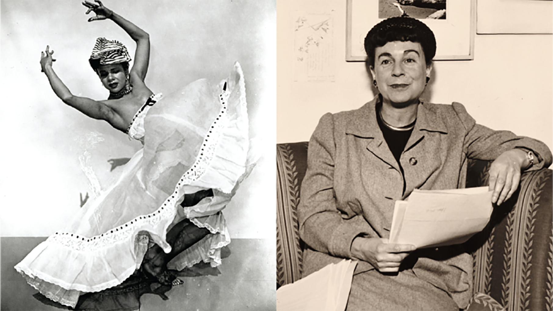 Katherine Dunham dancing and Katharine Kuh smiling and reading papers
