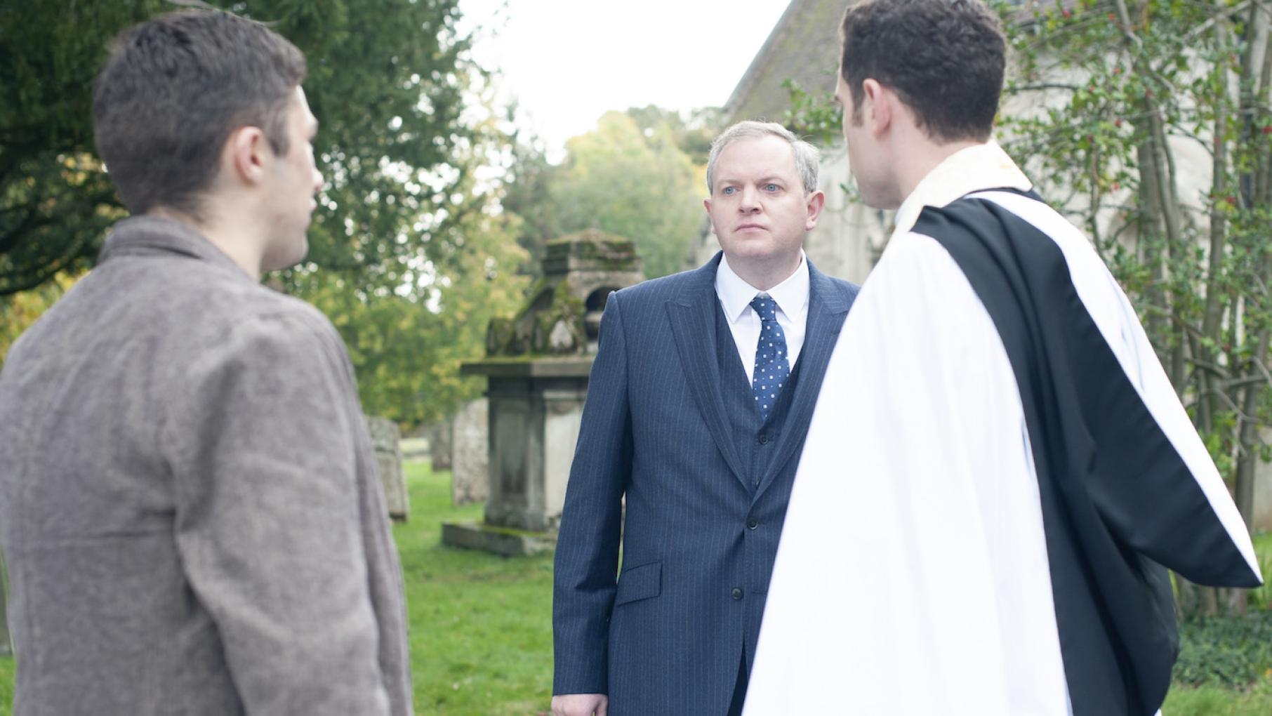 Will ends up in the middle of a dispute over a child. Photo: Masterpiece and Kudos Will with Davy Connor and Marcus Asper in 'Grantchester.' Photo: Masterpiece and Kudos