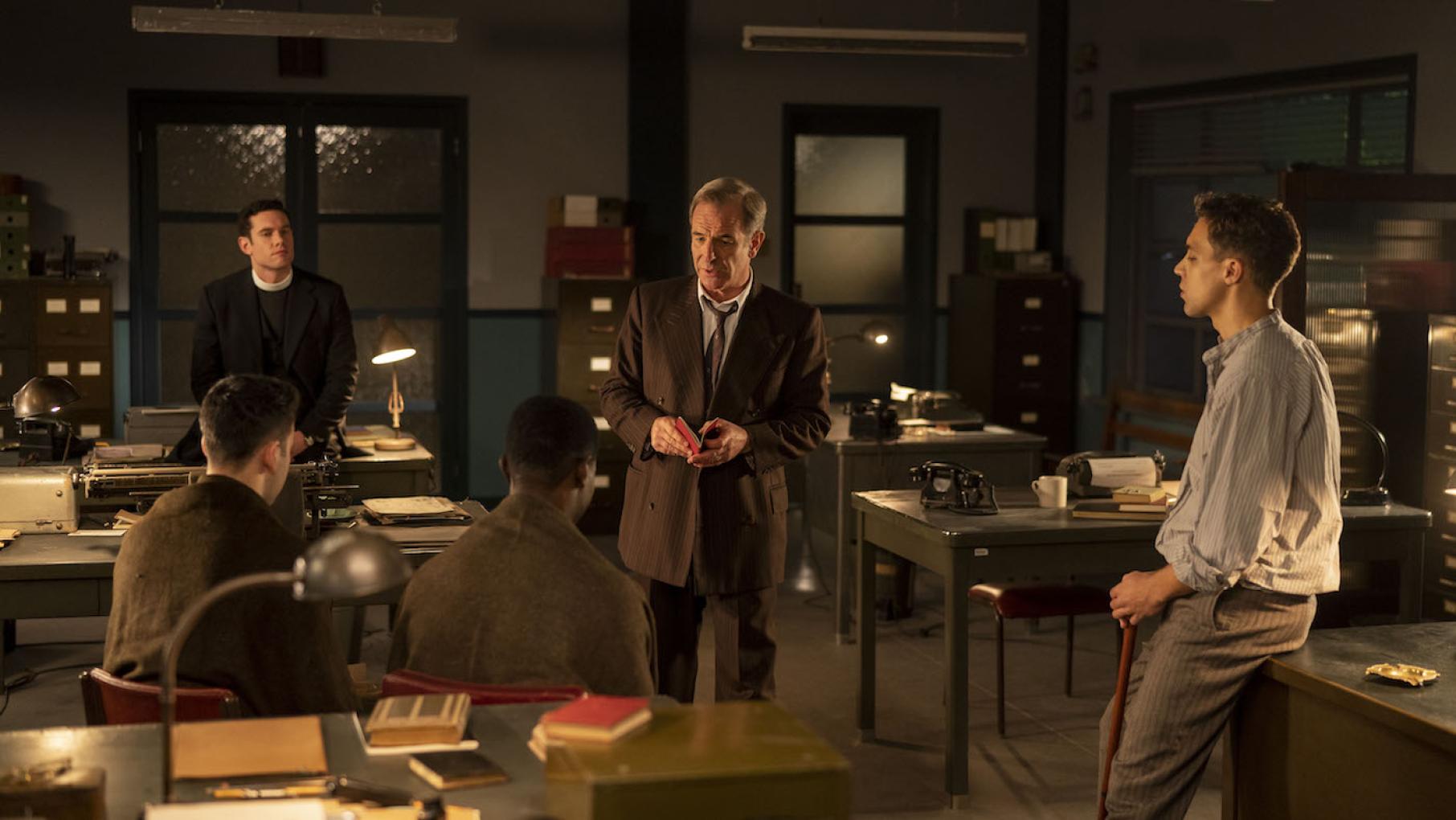 When some American servicemen are brought into the station, a murder investigation suddenly opens up. Photo: Masterpiece and Kudos Geordie and Will interrogate some servicemen in season 6 of 'Grantchester.' Photo: Masterpiece and Kudos