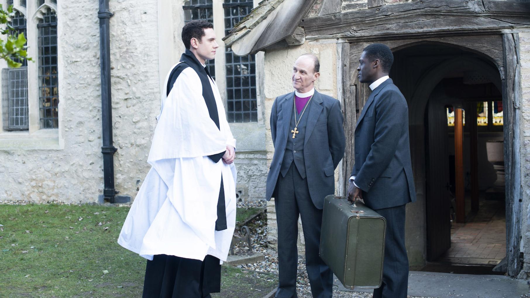 The bishop has appointed a new curate to Grantchester, but he finds it unwelcoming, as everyone misses Leonard. Photo: Masterpiece and Kudos Will, the Bishop, and Henry Jones in 'Grantchester.' Photo: Masterpiece and Kudos