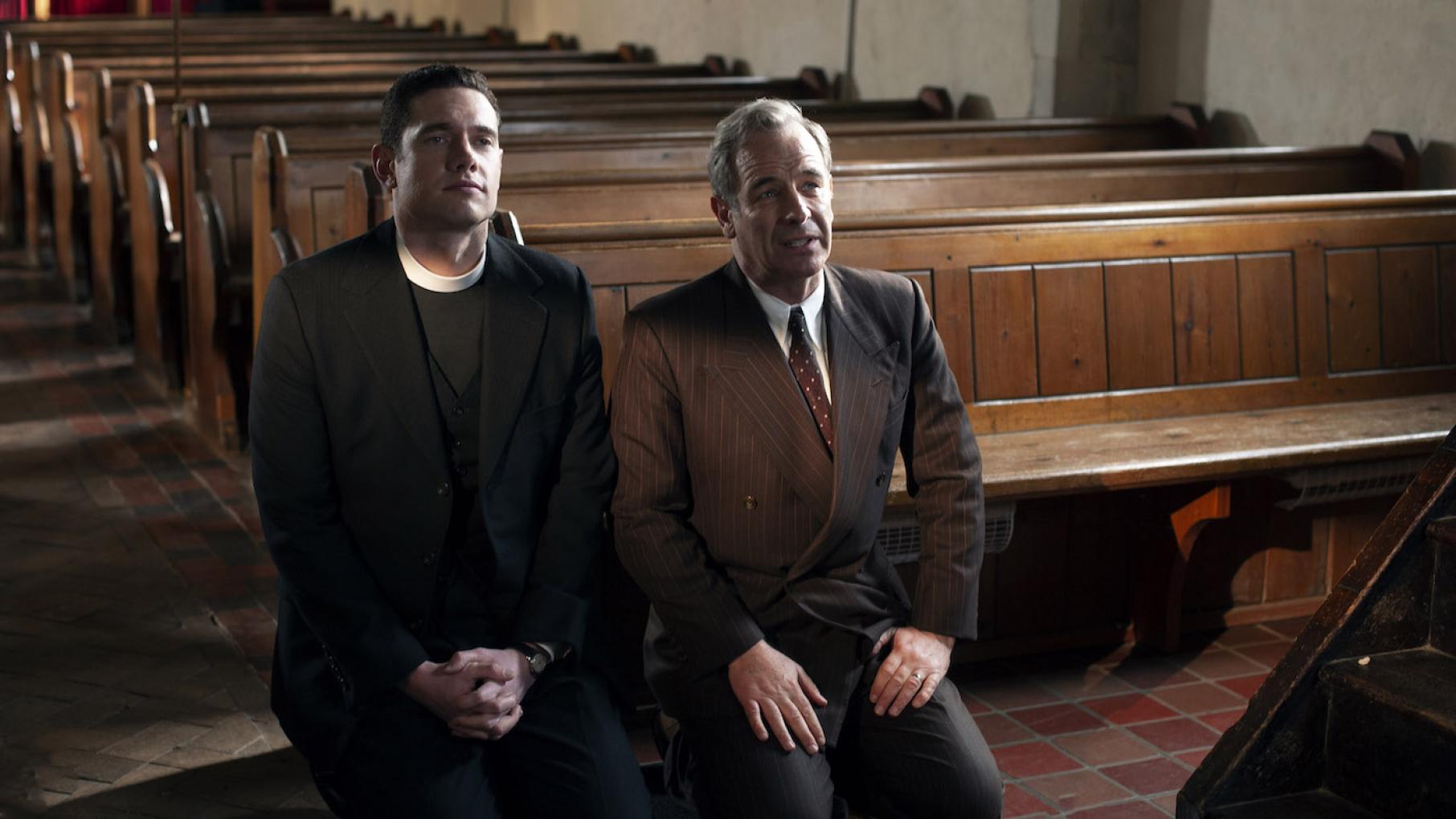 Geordie is having a crisis of faith in the law, in his friendships, and in his marriage. Photo: Masterpiece and Kudos Will and Geordie praying in 'Grantchester.' Photo: Masterpiece and Kudos