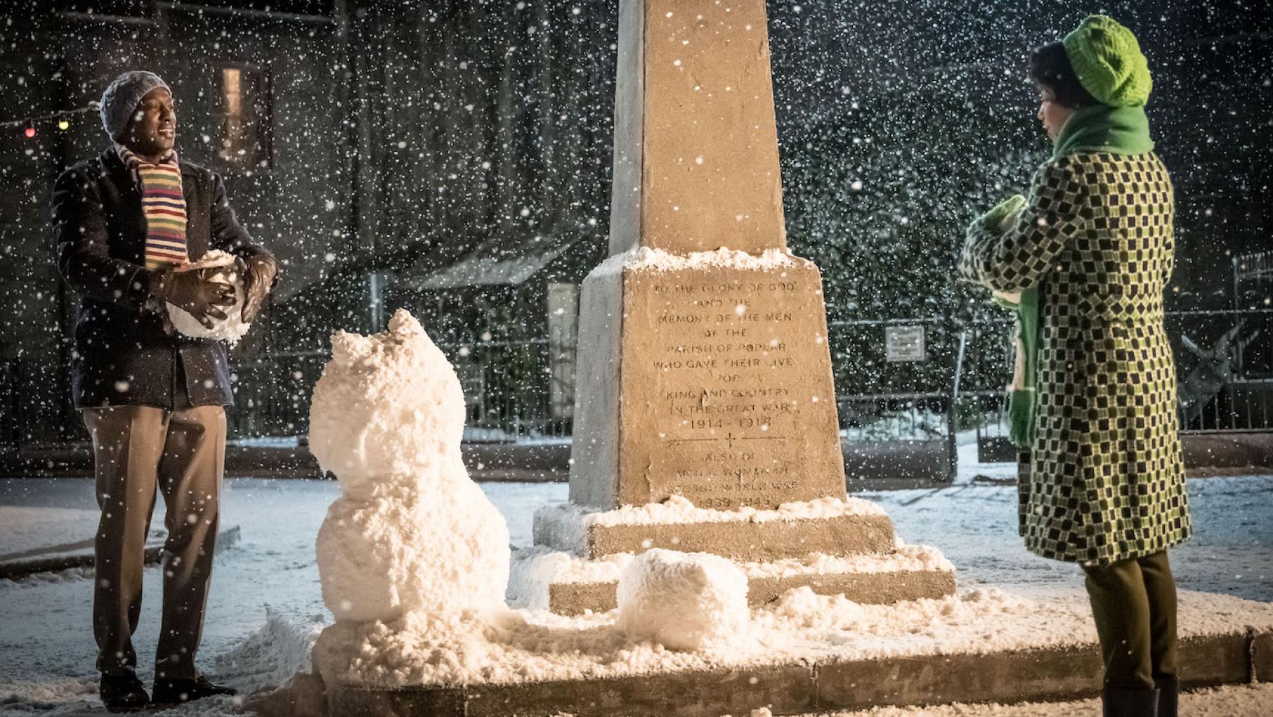 Cyril and Lucille make a snowman in 'Call the Midwife.' Photo: BBC / Nealstreet Productions / Sally Mais