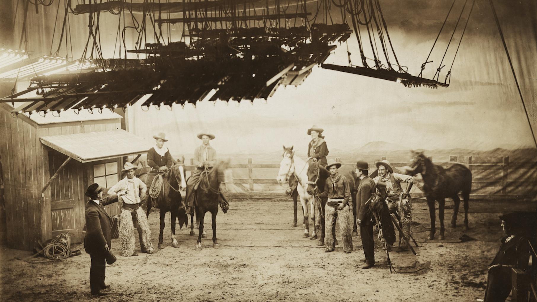 Film set for a silent western featuring Gilbert M. Anderson, known as Broncho Billy, at Essanay Film Studios in Chicago, Illinois, circa 1910. Image: Chicago History Museum; ICHi-016886 Film set for a silent western featuring Gilbert M. Anderson, known as Broncho Billy, at Essanay Film Studios in Chicago, Illinois, circa 1910. Image: Chicago History Museum; ICHi-016886