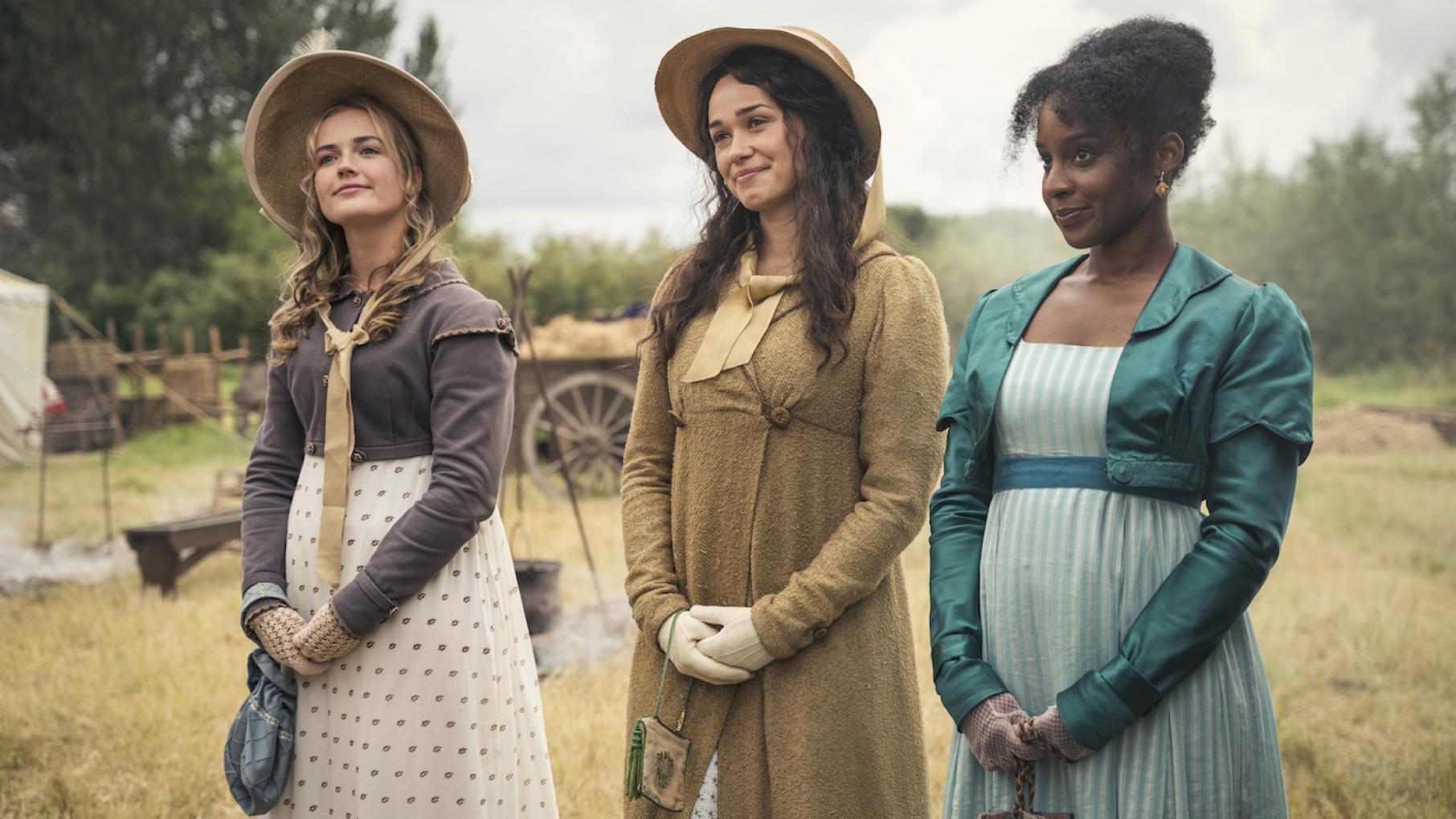 Alison and Charlotte Heywood with Georgiana Lambe in Sanditon. Photo: Joss Barrat © Red Planet