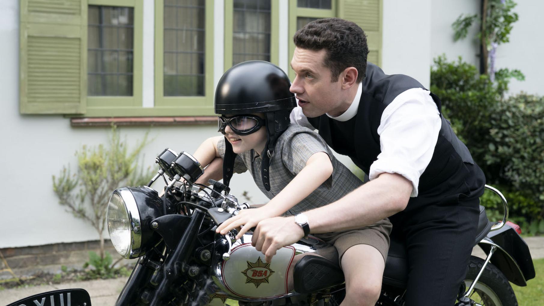 Will bonds with Bonnie's son Ernie. Photo: Kudos Film and TV Ltd Will with Ernie Evans in Grantchester. Photo: Kudos Film and TV Ltd