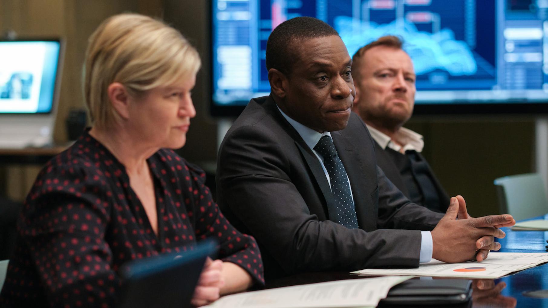 Robert's team tries to understand the threat to the U.K. while also worrying about inflammatory conspiracy theories. Photo: New Pictures Ltd. Eleanor, Joseph, and Fraser in COBRA. Photo: New Pictures Ltd.