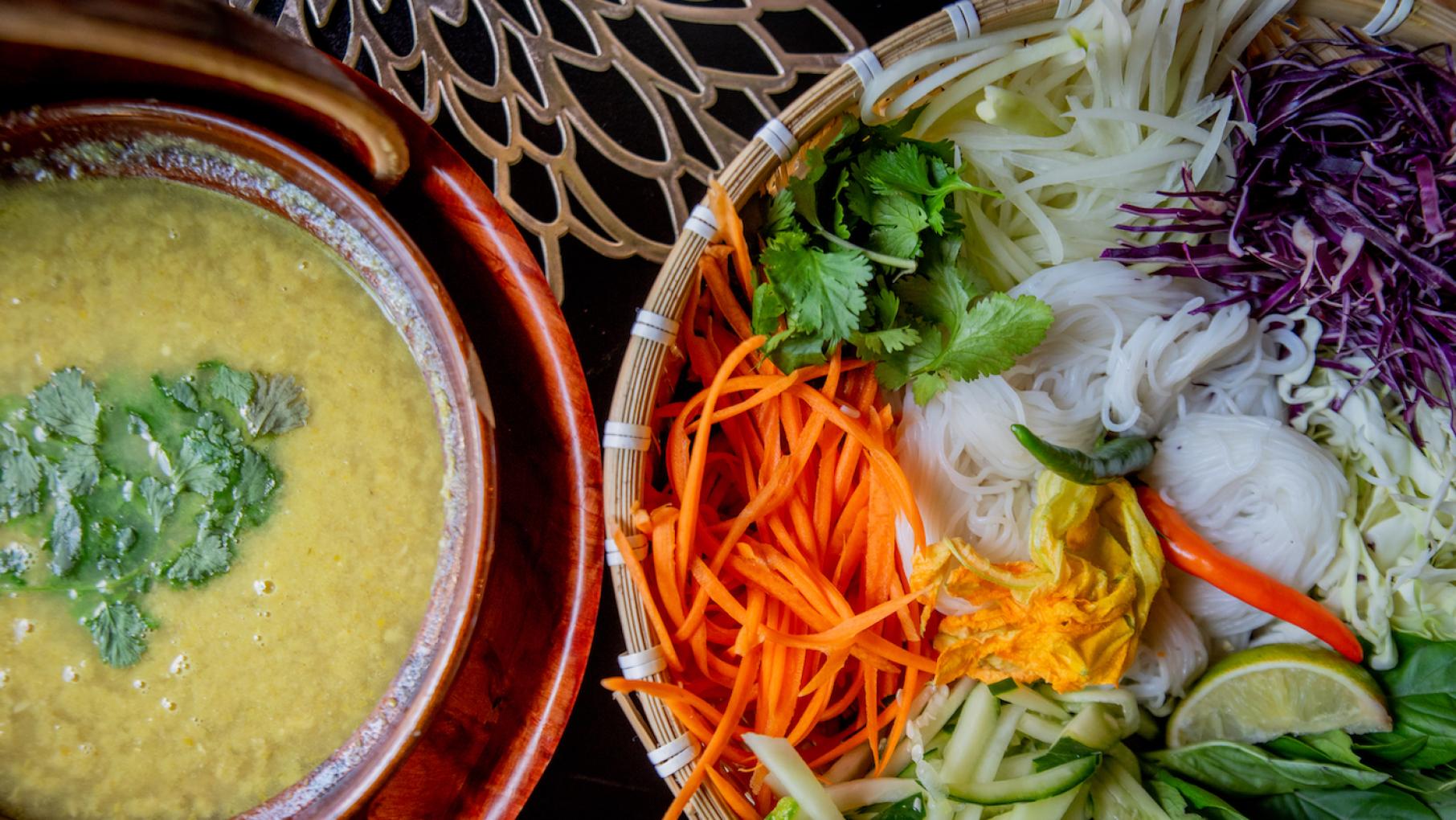 Many Cambodian dishes, including Nom Bahn Chok, are based on prahok, or fermented fish paste. Photo: WTTW/Kathleen Hinkel Nom Bahn Chok from Khmai Fine Dining in Chicago's Rogers Park