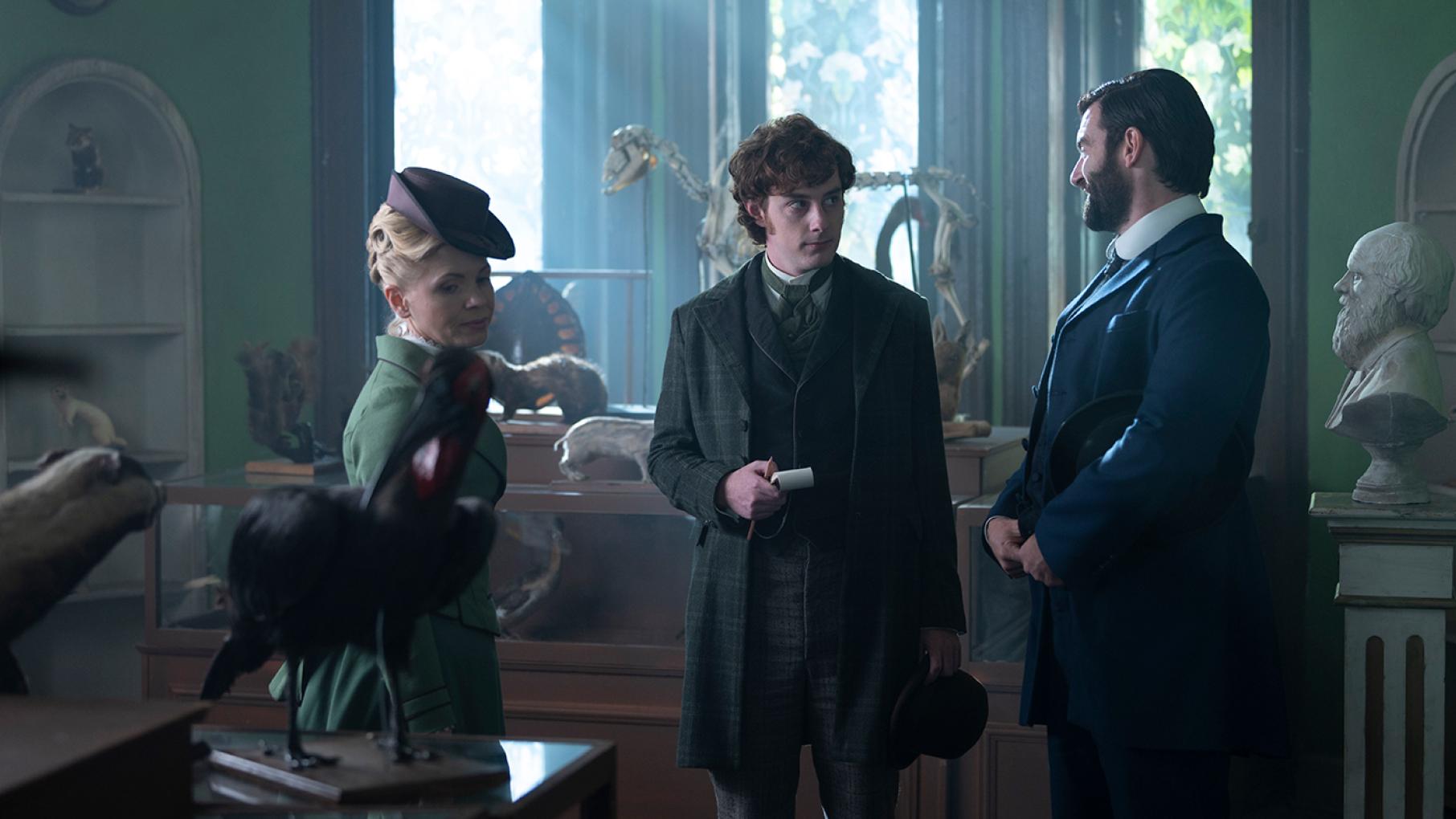 Eliza and William investigate the theft of a sketch by Charles Darwin. Photo: Element 8 Entertainment and MASTERPIECE Eliza, Fitzroy, and William in Miss Scarlet and the Duke season 2
