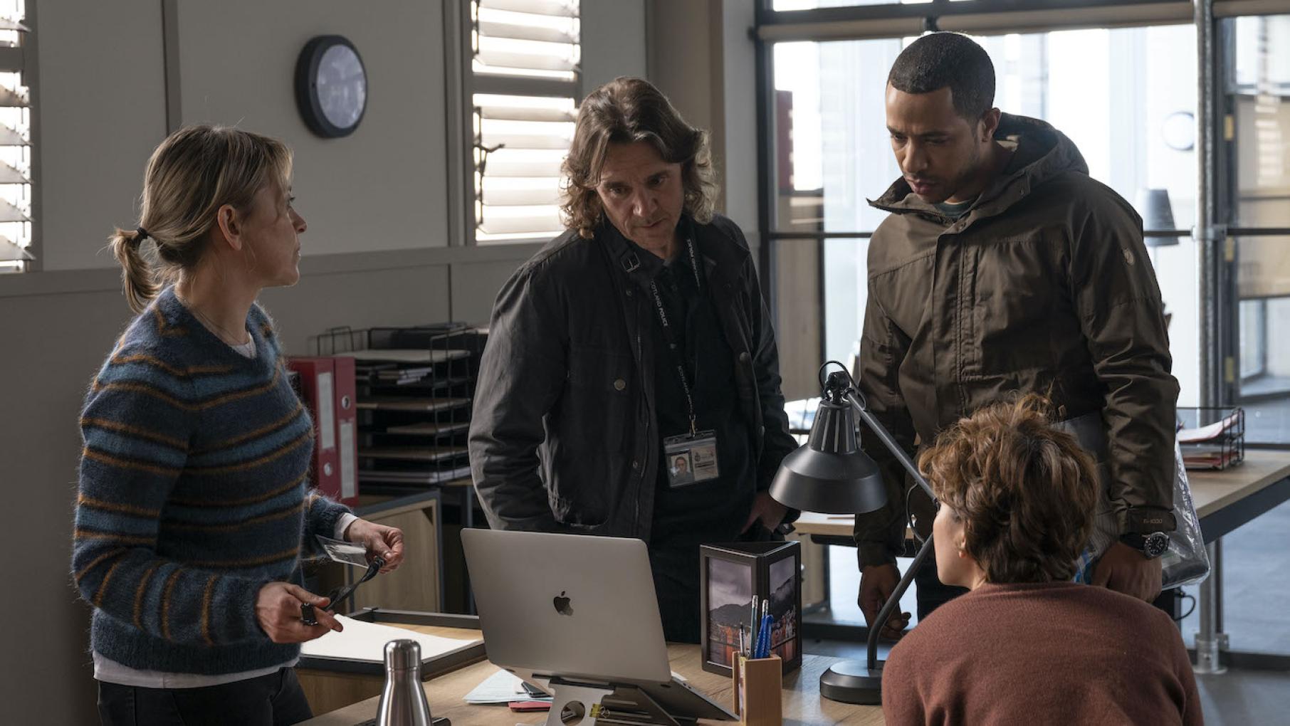 Annika and her team investigate the death of an author who made plenty of enemies. Photo: UKTV Annika, Michael, Tyrone, and Blair in Annika