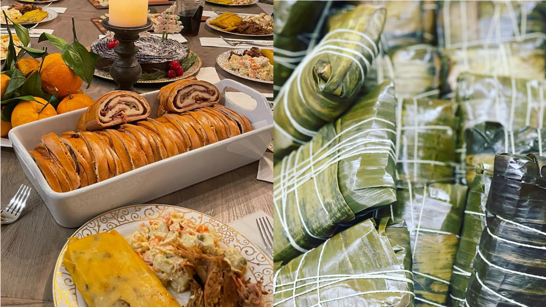 A Venezuelan Christmas Eve meal typically contains pan de jamón and the tamale-like hallacas. Images: Klein's Bakery & Cafe A Venezuelan Christmas spread with pan de jamón and hallacas on the left, and wrapped hallacas on the right