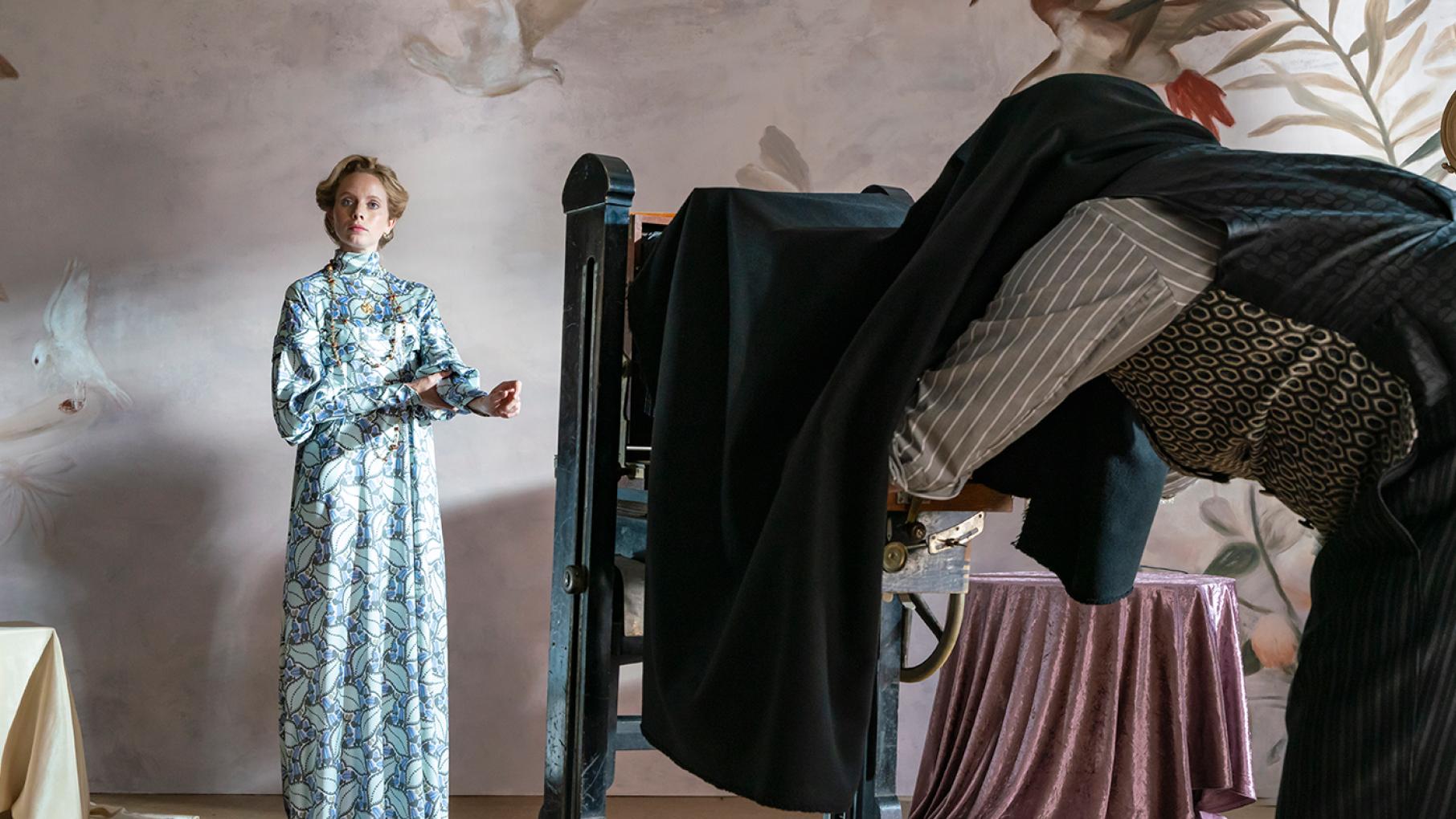 A fashion house contains sordid secrets that come out during a murder investigation. Photo: Lenke Szilagyi / 2022 Endor Productions / MR Film A model poses for a photograph at the Vogl fashion house in Vienna Blood