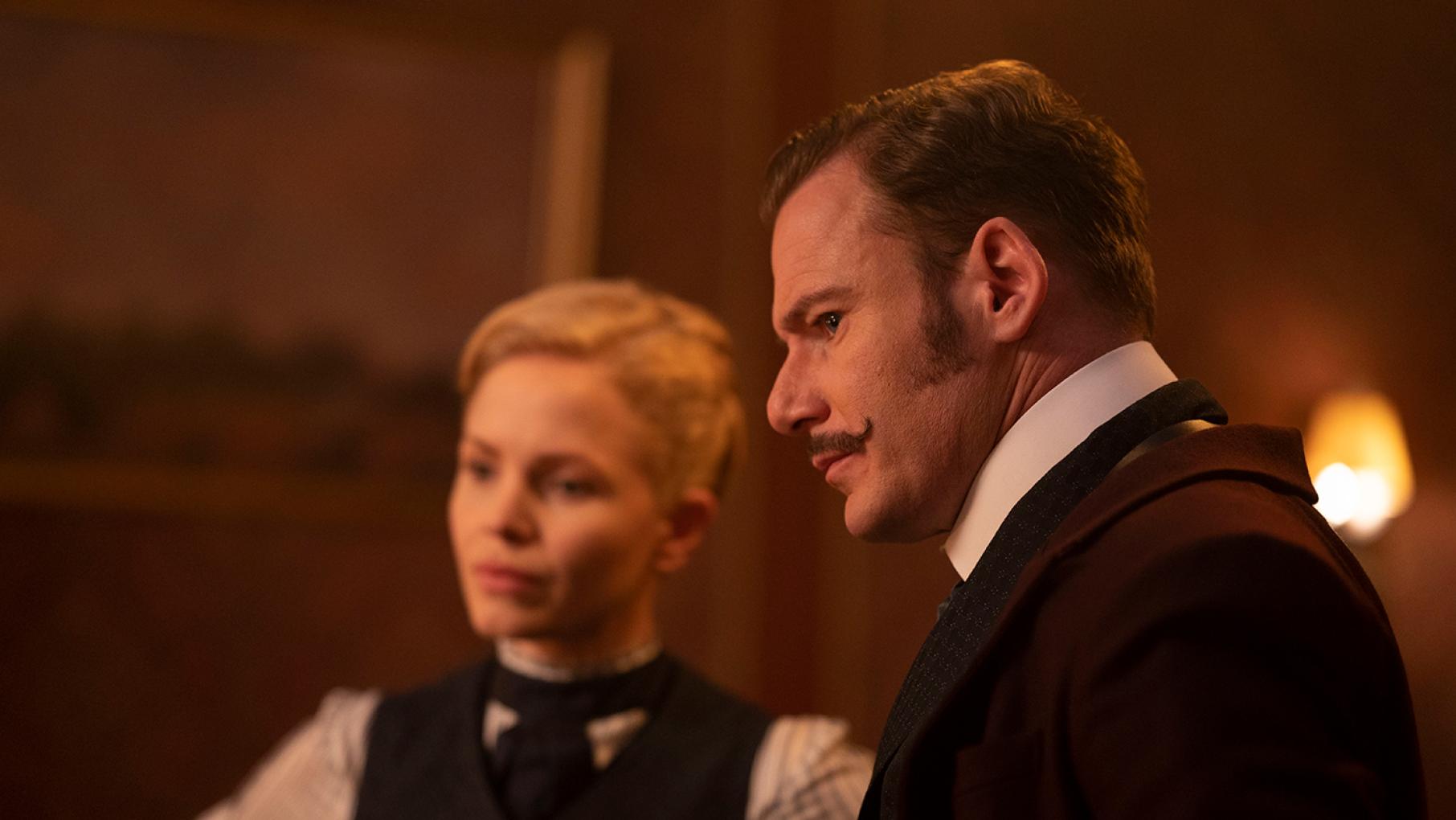 Eliza and her rival Nash are both trying to catch a notorious conman. Photo: Element 8 Entertainment and Masterpiece/Dunja Dopsaj Eliza Scarlet and Patrick Nash in Miss Scarlet and the Duke