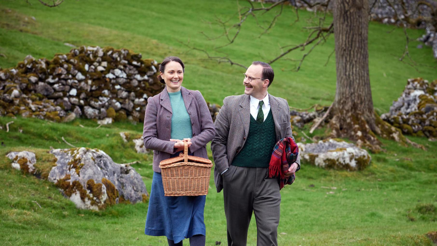 Gerald is growing increasingly fond of Mrs. Hall, but she's not sure she's ready for change. Photo: Playground Entertainment and Masterpiece Mrs. Hall and Gerald on a walk