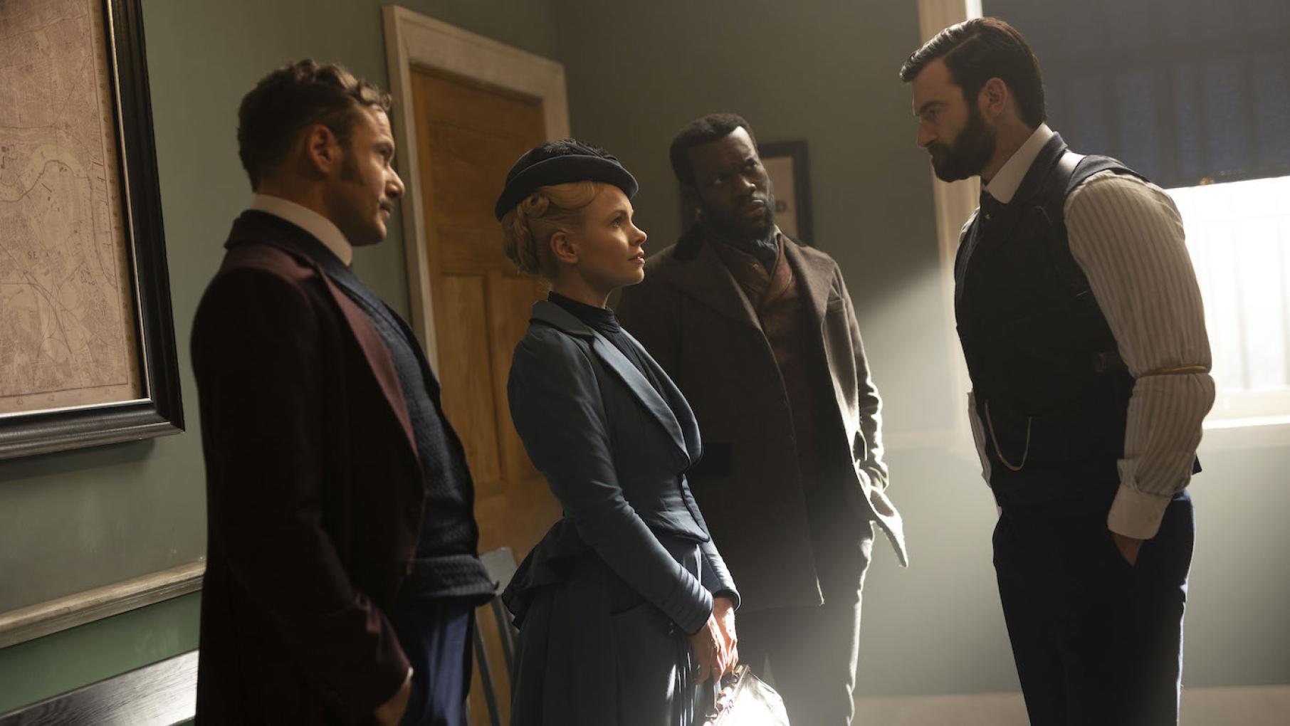 Eliza teams up with all her associates when they all receive bomb threats. Photo: Element 8 Entertainment and Masterpiece/Slobodan Pikula Nash, Eliza, Moses, and William in Miss Scarlet and the Duke