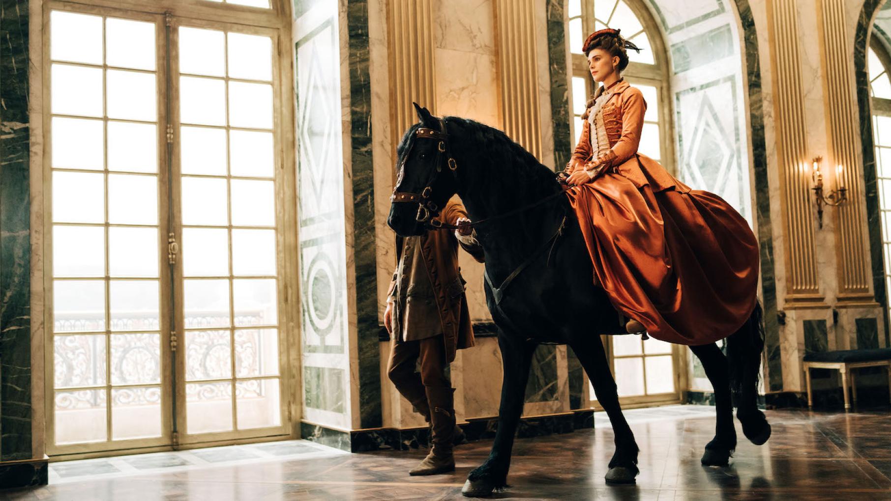 The Madame du Barry is a powerful force at Versailles. Photo: Caroline Dubois - Capa Drama / Banijay Studios France / Les Gens / Canal+ Madame du Barry on a horse in Versailles in Marie Antoinette