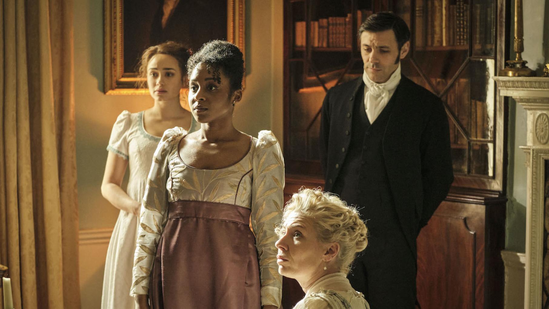Georgiana faces a cruel trial that could take away her fortune. Photo: Joss Barratt Charlotte, Georgiana, Samuel, and Mary in Sanditon