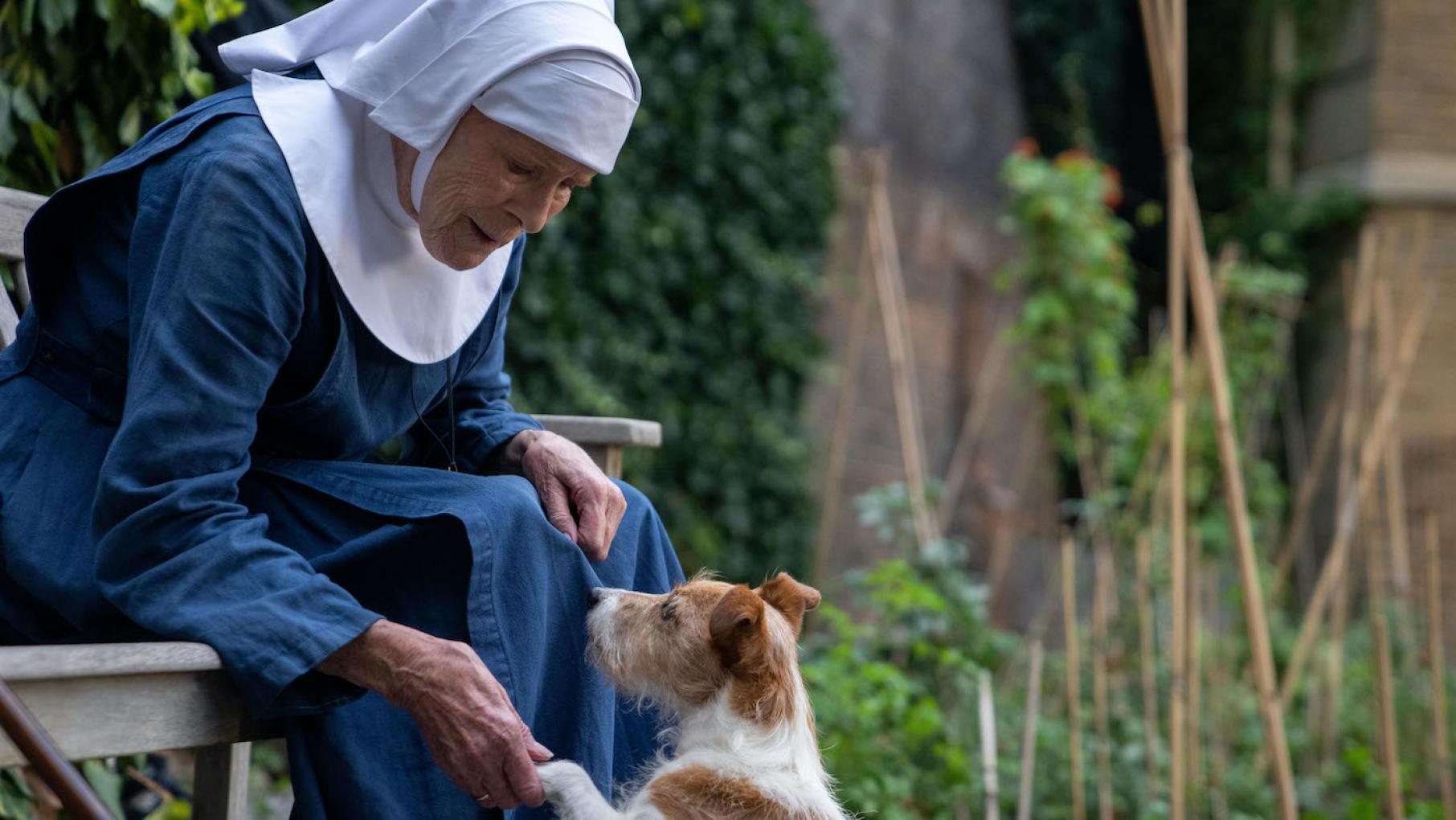 Sister Monica Joan makes a new friend in her loneliness. Photo: BBC / Neal Street Productions / Miya Mizuno Sister Monica Joan with Nothing the dog in Call the Midwife