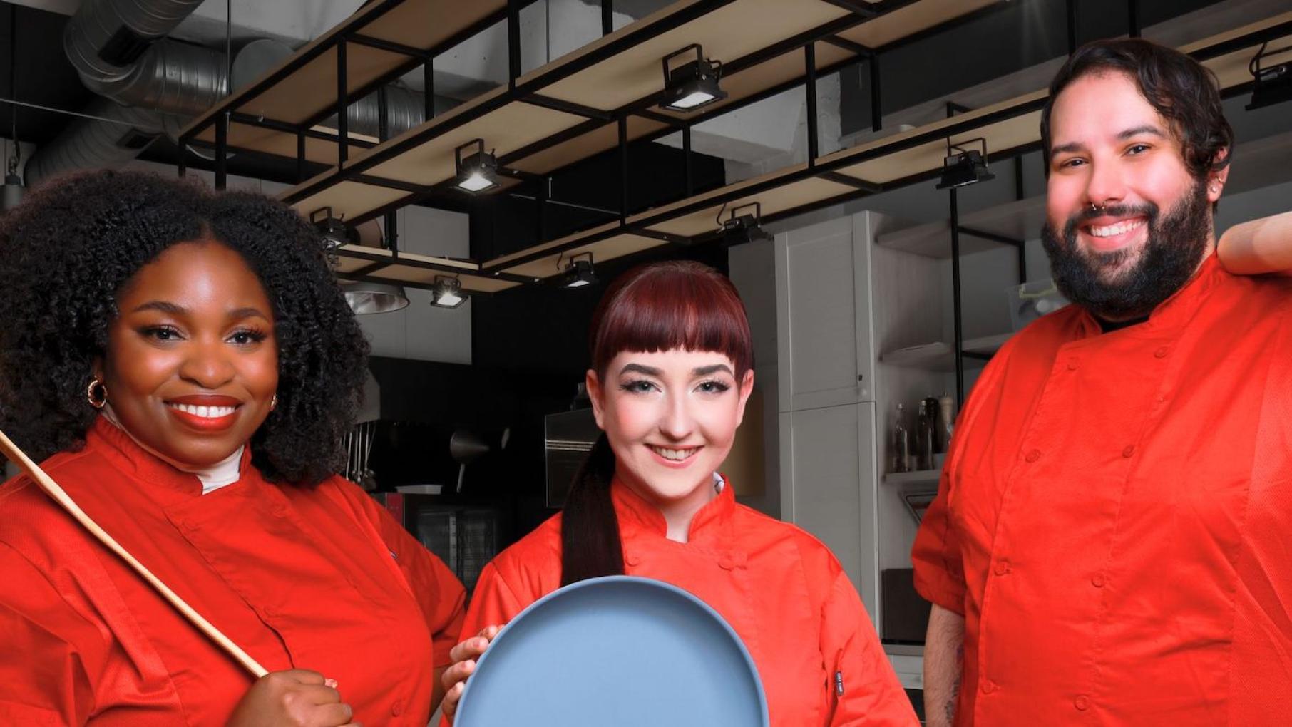 In 'The Cook-Off,' three contestants vie to win a cooking competition show with their version of mac 'n' cheese. Photo: Michael Brosilow Veena Akama-Makia, Corinne Costell, and Karlos Piñero-Mercado in the opera The Cook-Off