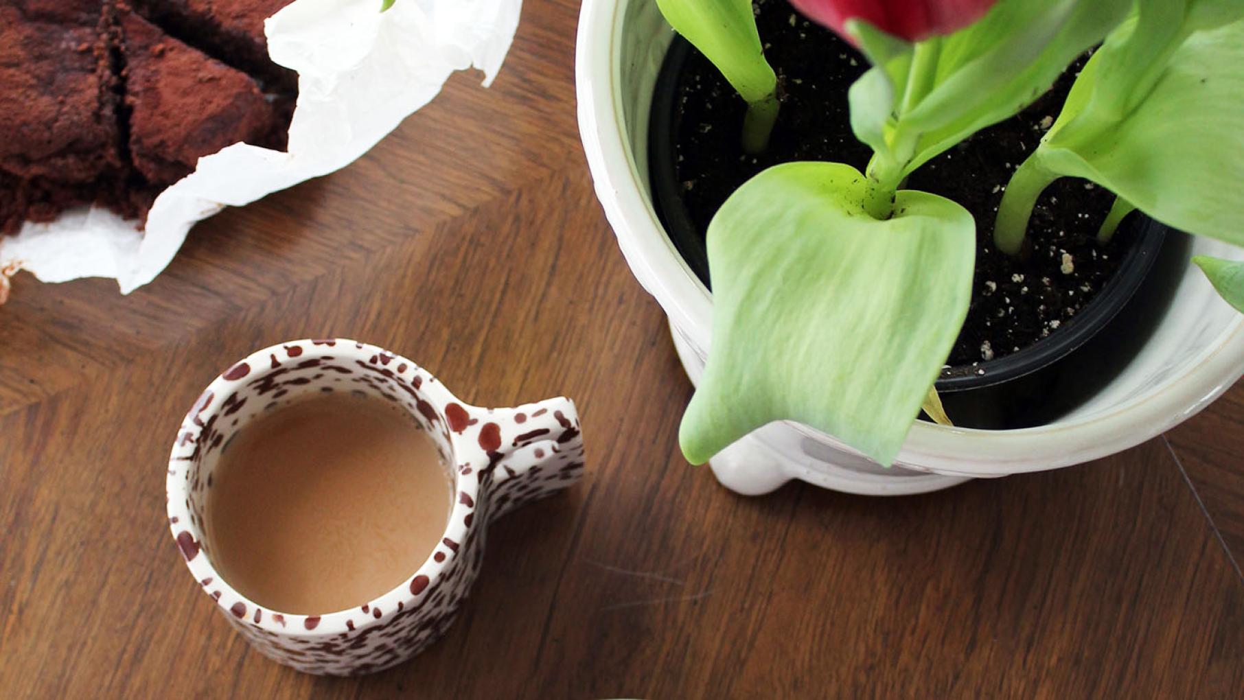 Nirali Chauhan's family chai recipe includes a little bit of every family member’s favorite elements. Image: Courtesy of Nirali Chauhan A cup of chai tea next to dark chocolate orange sufflee cake and a tulip plant