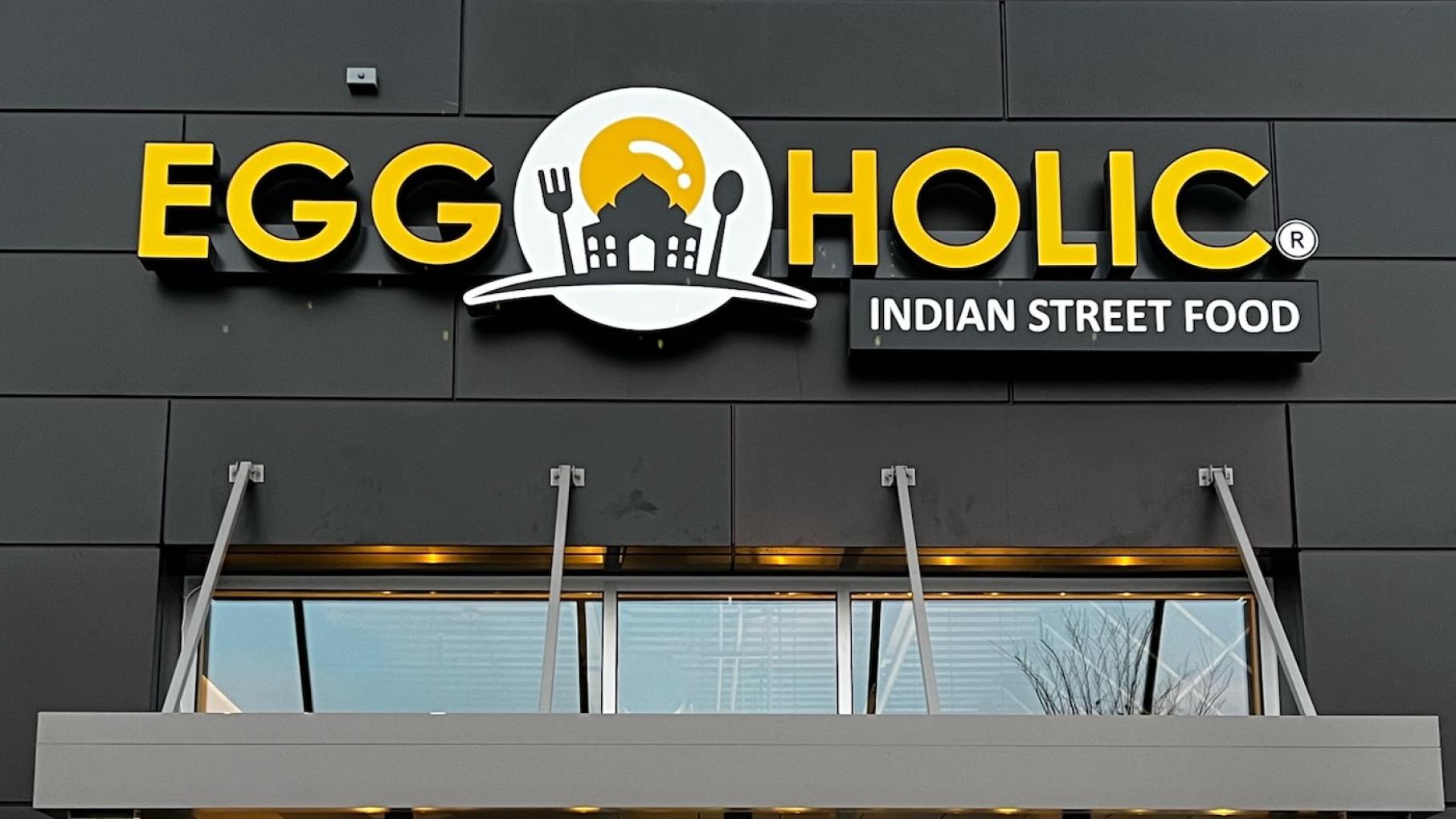 The first Eggholic opened ing Schaumburg in 2018, and by the end of this year there will be 28 across the country. Photo: Courtesy Eggholic A sign on a building in Nashville for Eggholic, an Indian Street Food mini chain restaurant