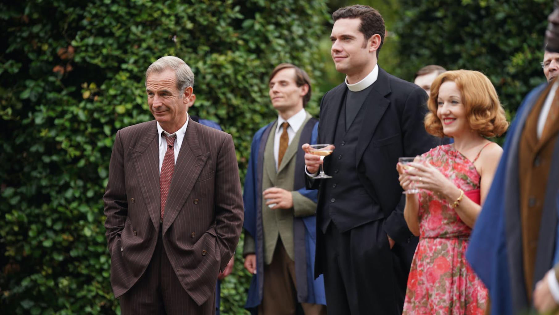 Will, Geordie, and Cathy are present at a local college when a protest, theft, and murder all take place. Photo: Kudos and Masterpiece Geordie, Will, and Cathy stand in a group in a garden party looking cheery