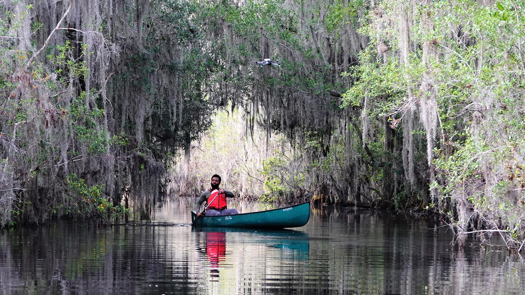 Baratunde Thurston canoeing down the Suwannee River in Georgia. Okefenokee National Wildlife Refuge, Folkston, GA.