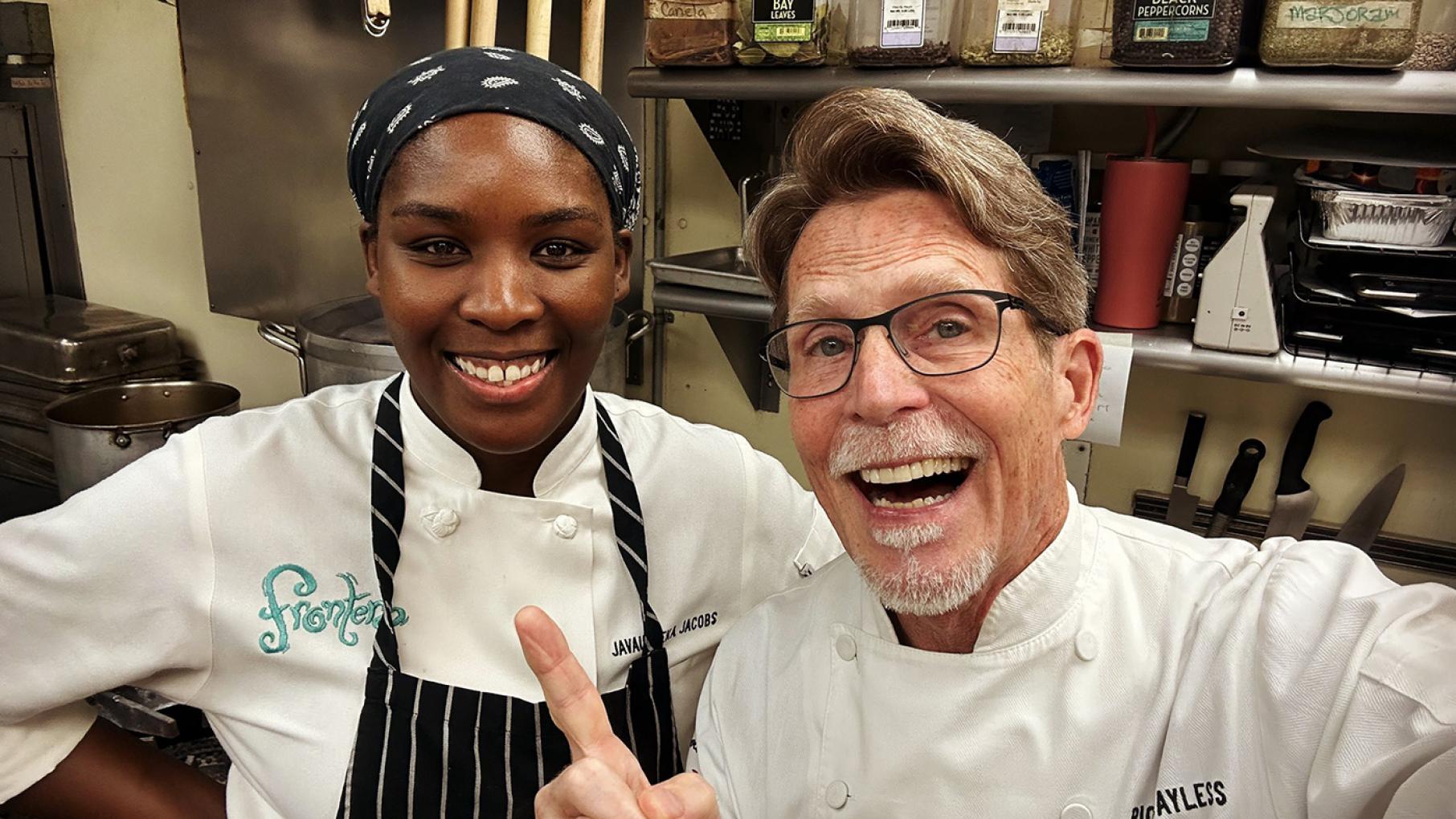 Chef Javauneeka Jacobs is the sous chef at Rick Bayless' Frontera Grill, where a version of one of her winning dishes from 'Chopped' is currently on the menu. Credit: Courtesy Rick Bayless Chefs Javauneeka Jacobs and Rick Bayless smile for a selfie in the kitchen