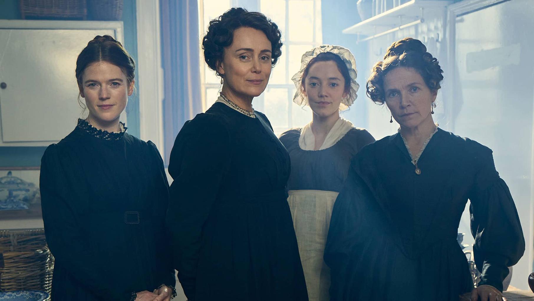 Keeley Hawes stars as Jane Austen's sister Cassandra in the upcoming 'Miss Austen.' Credit: Masterpiece Four women in dark clothing look at the camera
