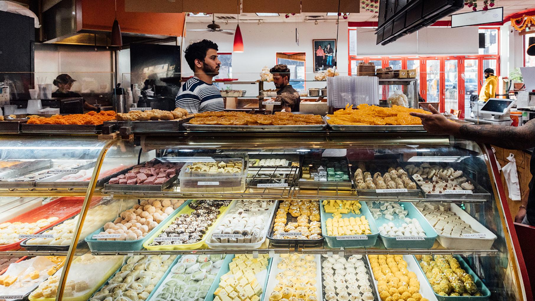 A display case of mithai, Indian sweets