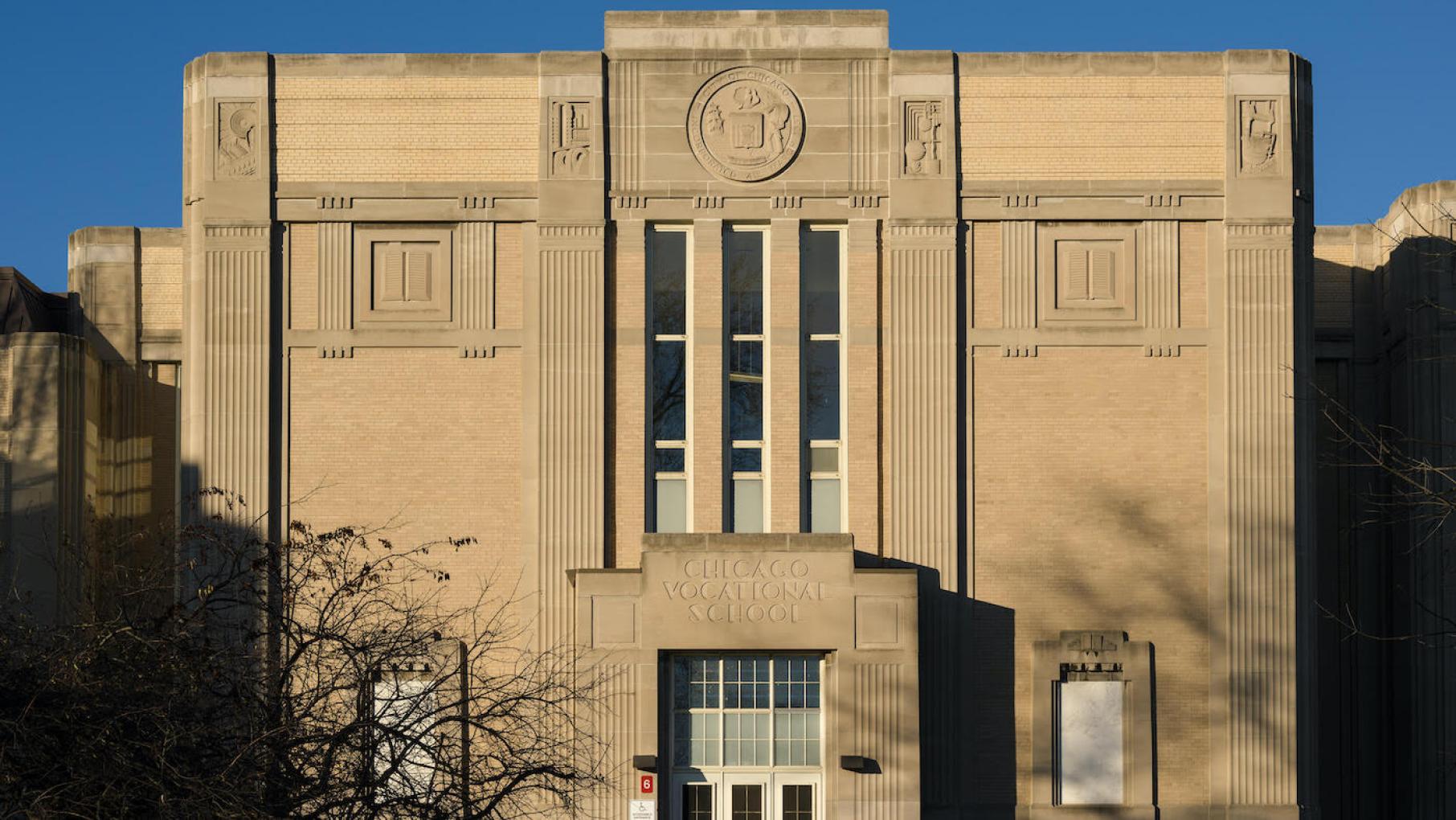 One of the monumental facades of Chicago Vocational Career Academy. Credit: Ken Carl for WTTW One of the facades of Chicago Vocational Career Academy